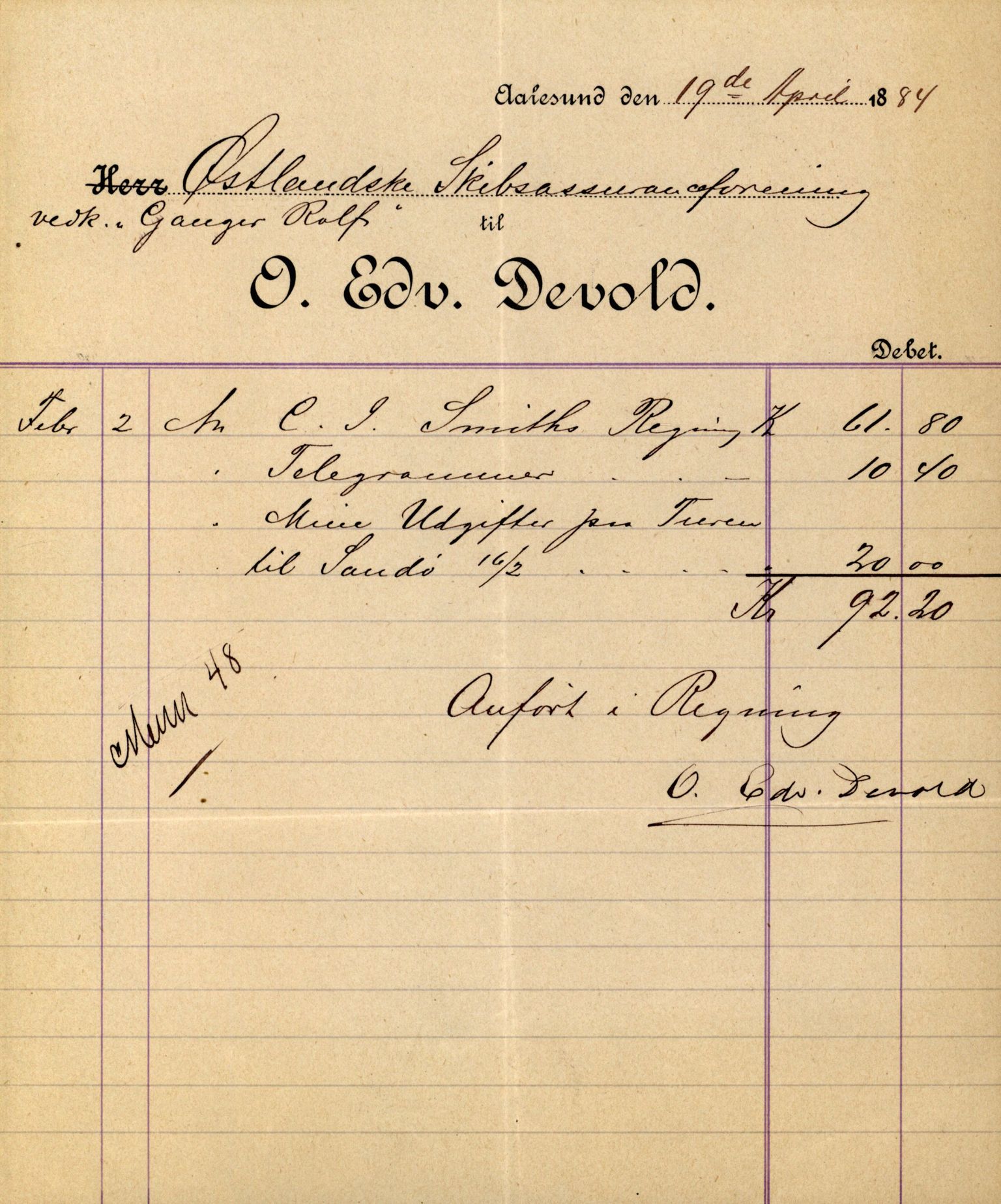 Pa 63 - Østlandske skibsassuranceforening, VEMU/A-1079/G/Ga/L0017/0011: Havaridokumenter / Andover, Amicitia, Bratsberg, Ganger Rolf, 1884, p. 36