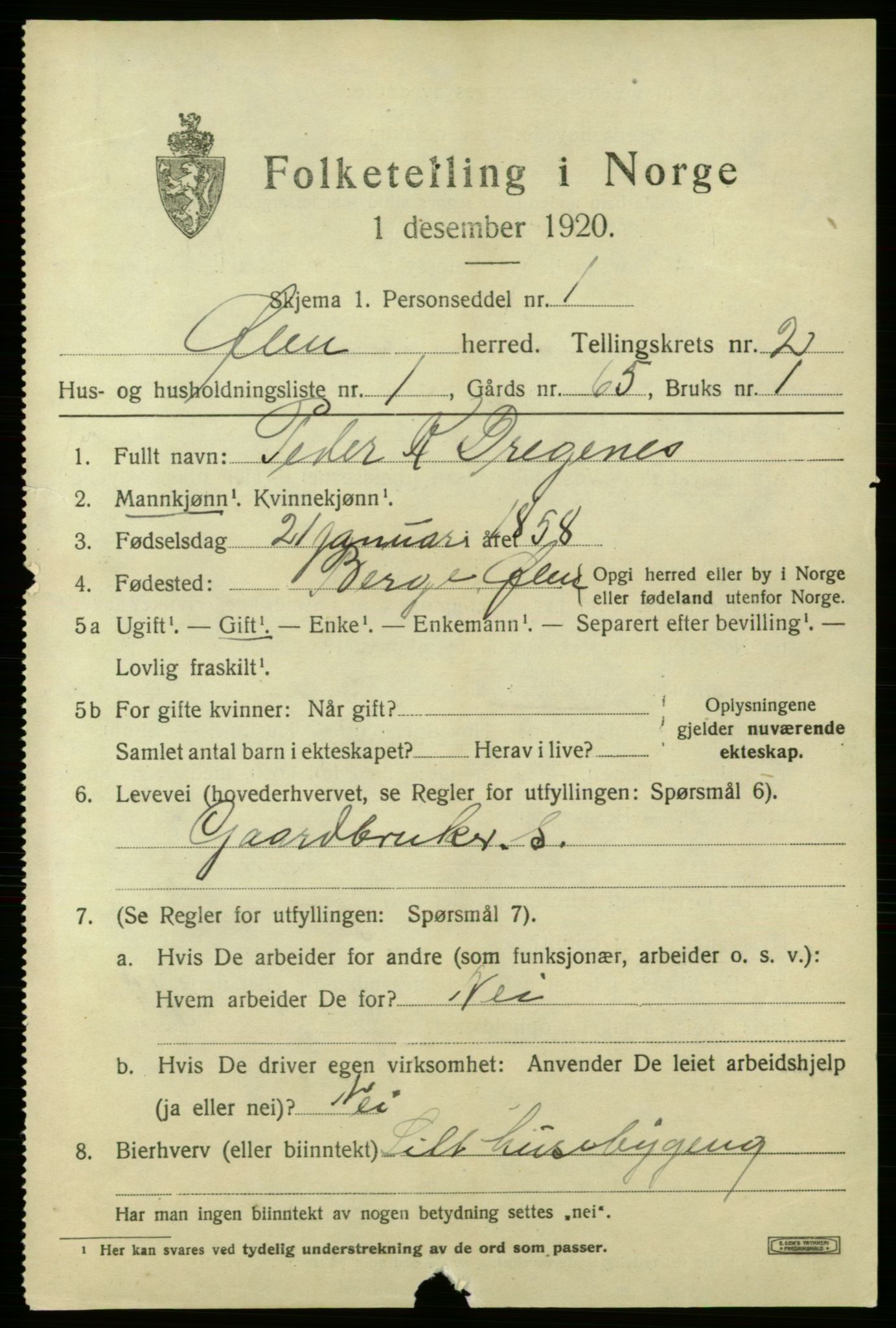 SAB, 1920 census for Ølen, 1920, p. 903