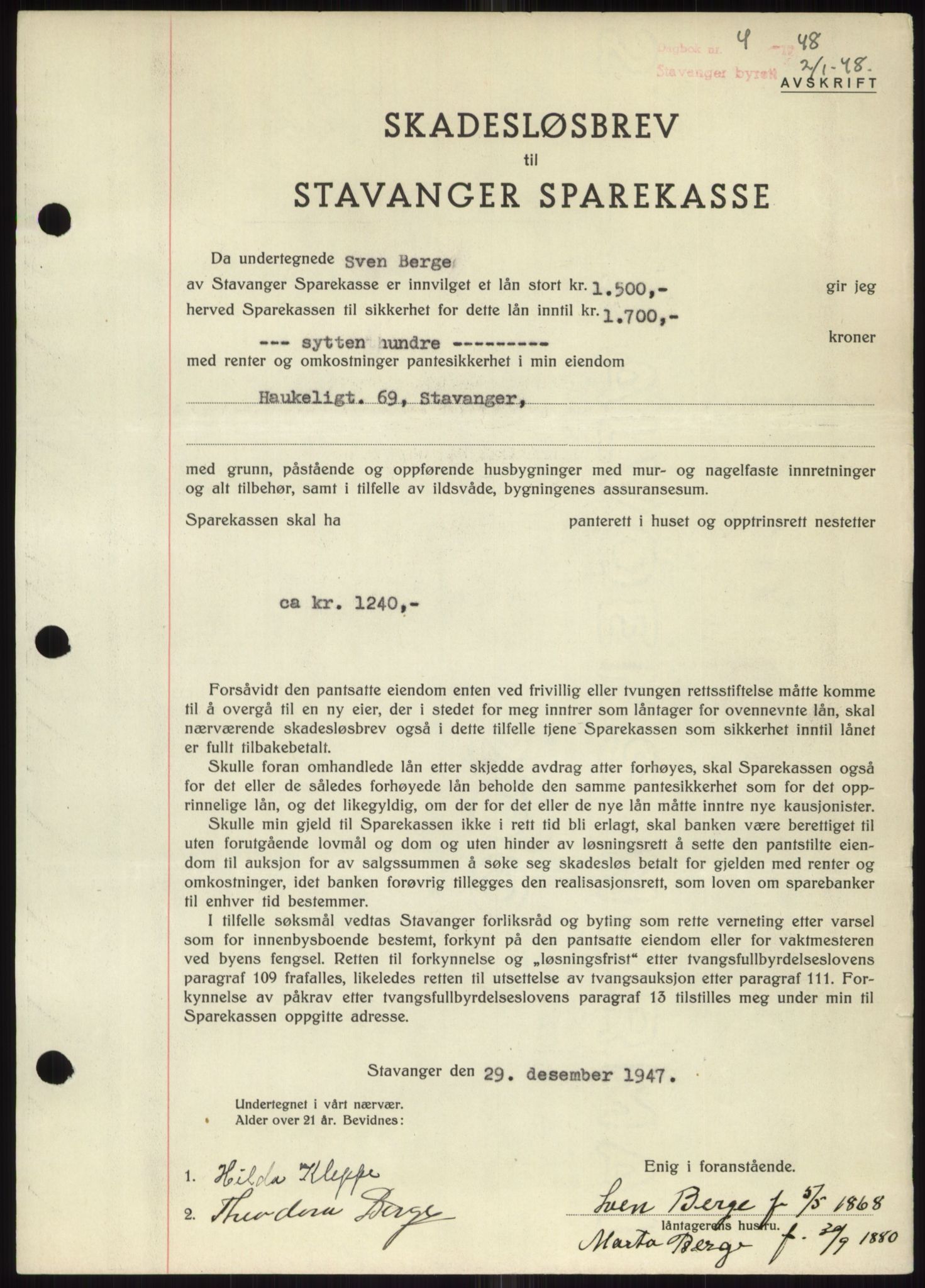 Stavanger byrett, SAST/A-100455/002/G/Gb/L0032: Mortgage book, 1947-1950, Diary no: : 4/1948