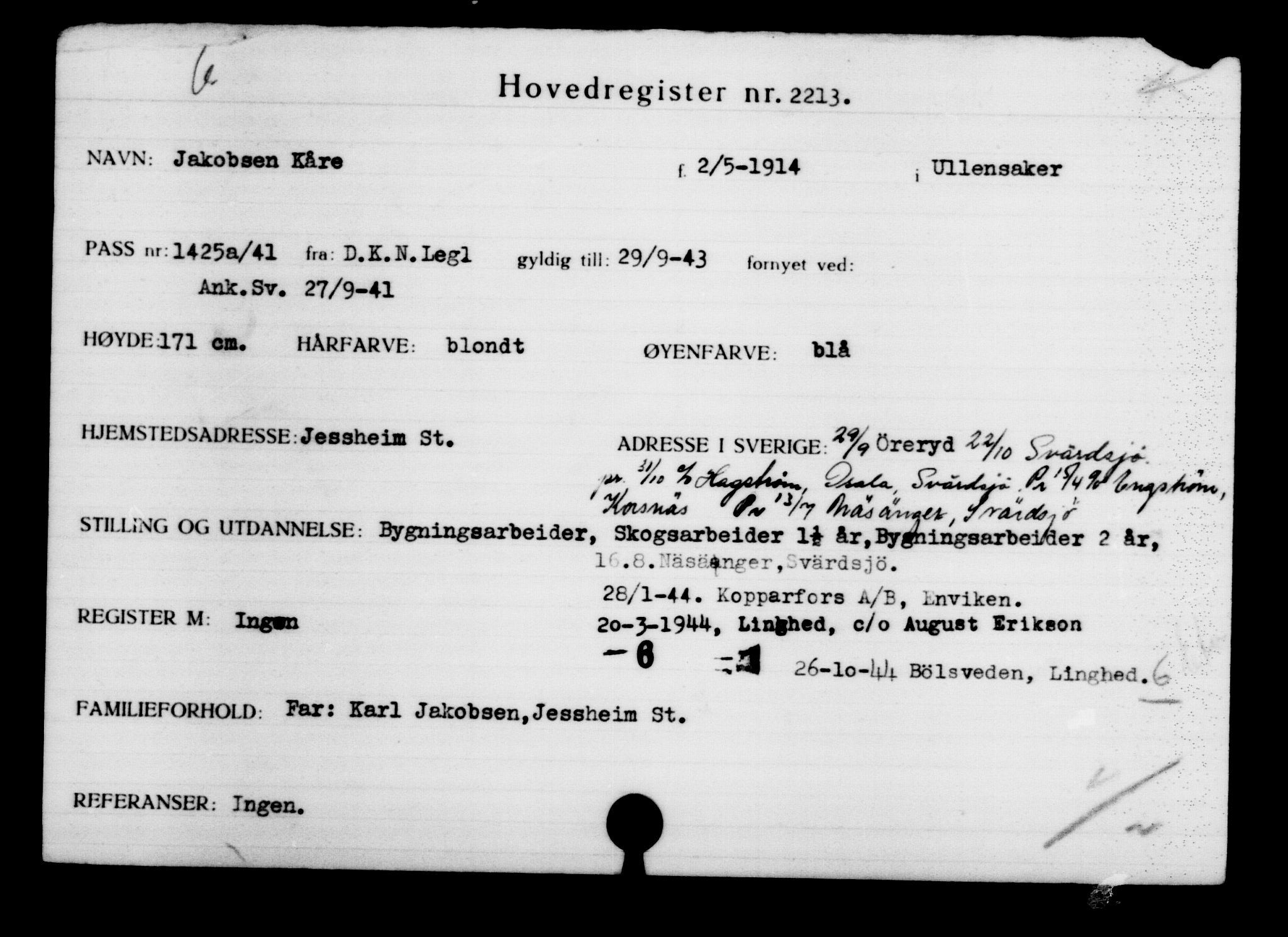 Utenriksstasjonene, Legasjonen i Stockholm, Flyktningkontoret, AV/RA-S-6753/V/Va/L0003: Kjesäterkartoteket, flyktninger med registreringsnr. 2001-3495, 1940-1945, p. 297
