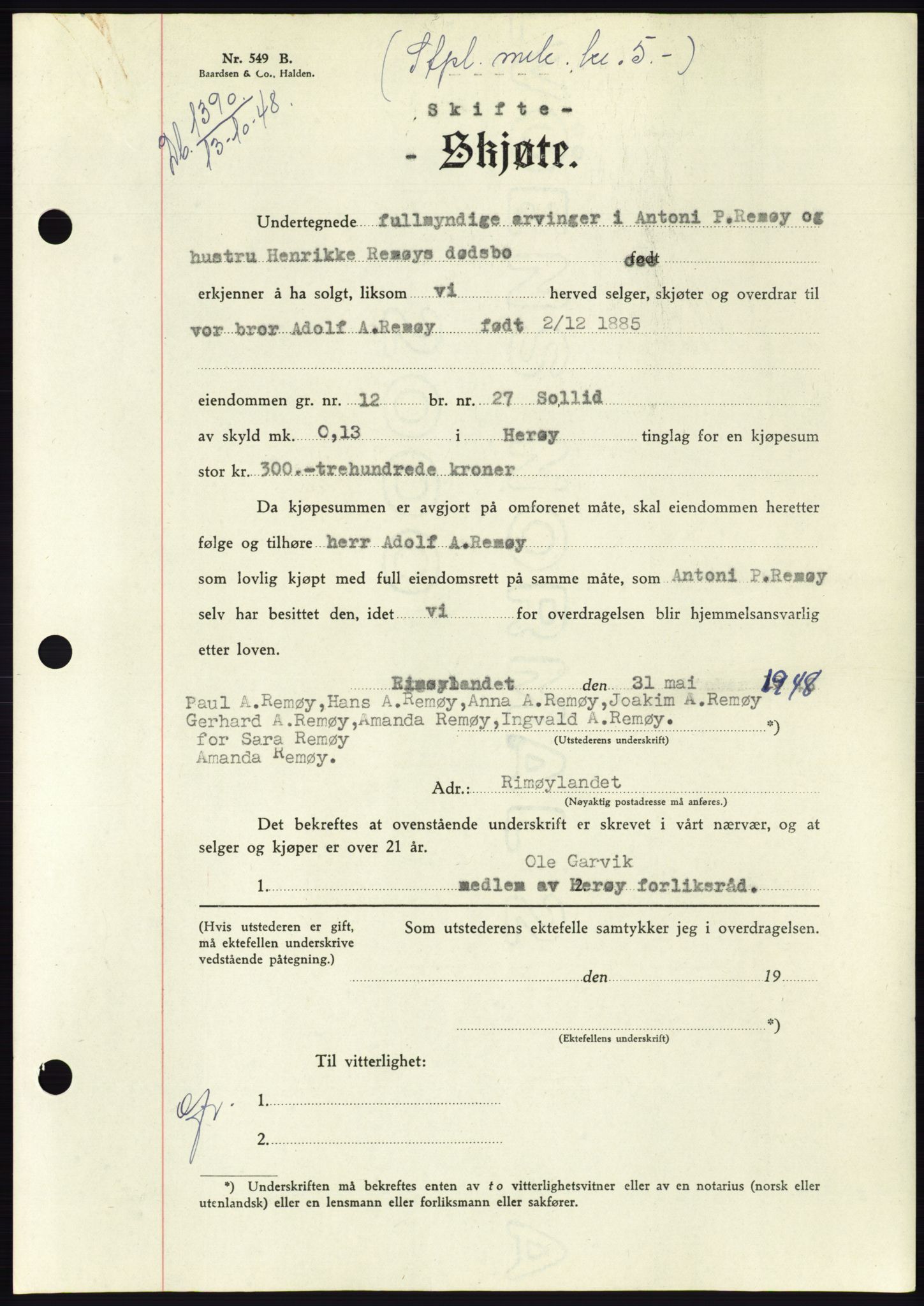 Søre Sunnmøre sorenskriveri, AV/SAT-A-4122/1/2/2C/L0083: Mortgage book no. 9A, 1948-1949, Diary no: : 1390/1948