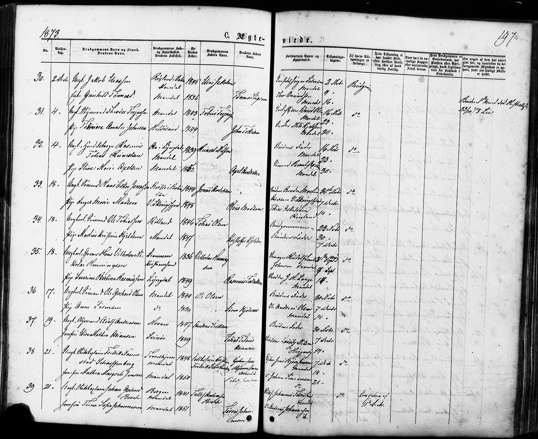 Mandal sokneprestkontor, SAK/1111-0030/F/Fa/Faa/L0015: Parish register (official) no. A 15, 1873-1879, p. 197