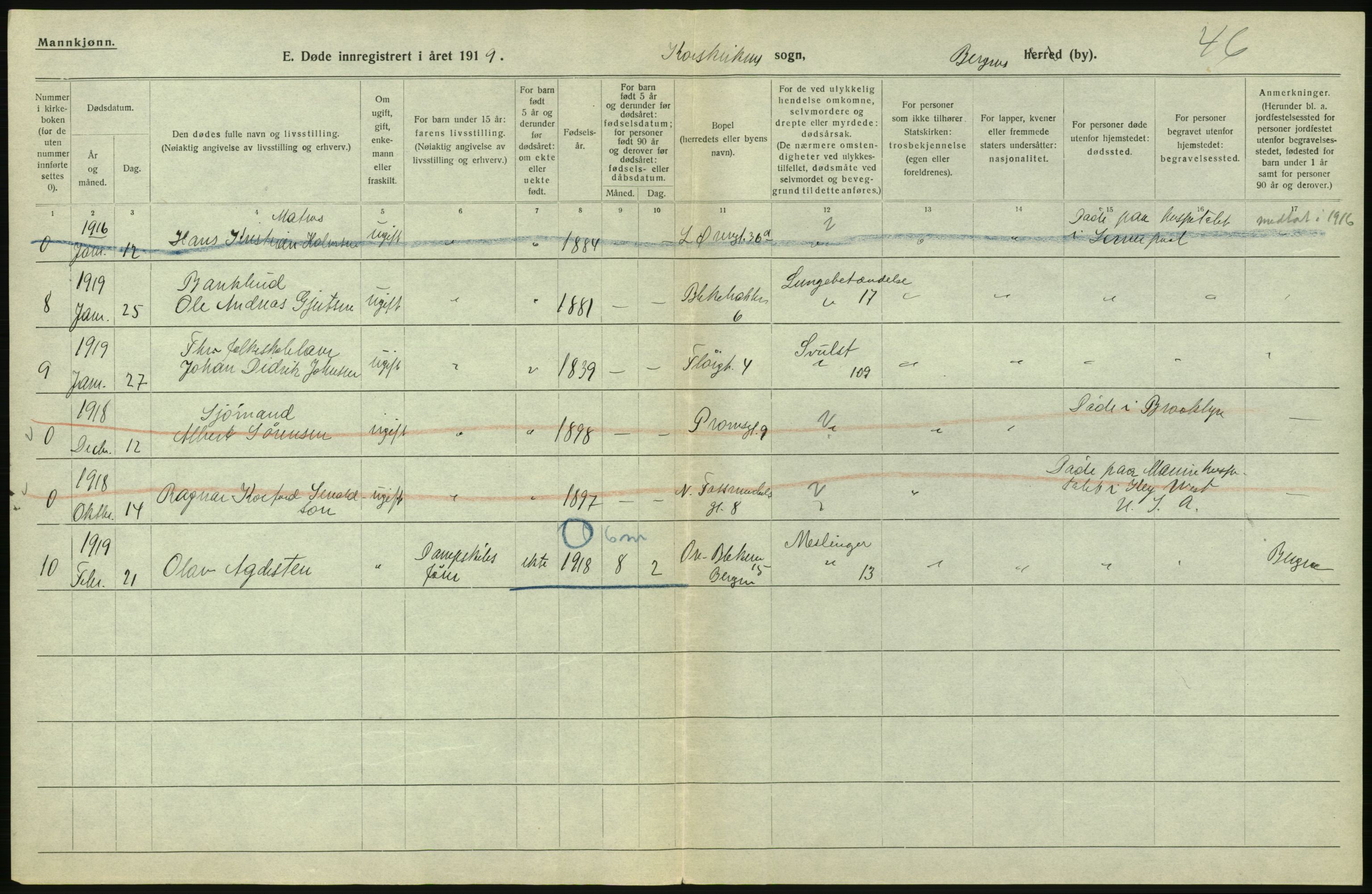 Statistisk sentralbyrå, Sosiodemografiske emner, Befolkning, AV/RA-S-2228/D/Df/Dfb/Dfbi/L0035: Bergen: Gifte, døde, dødfødte., 1919, p. 654