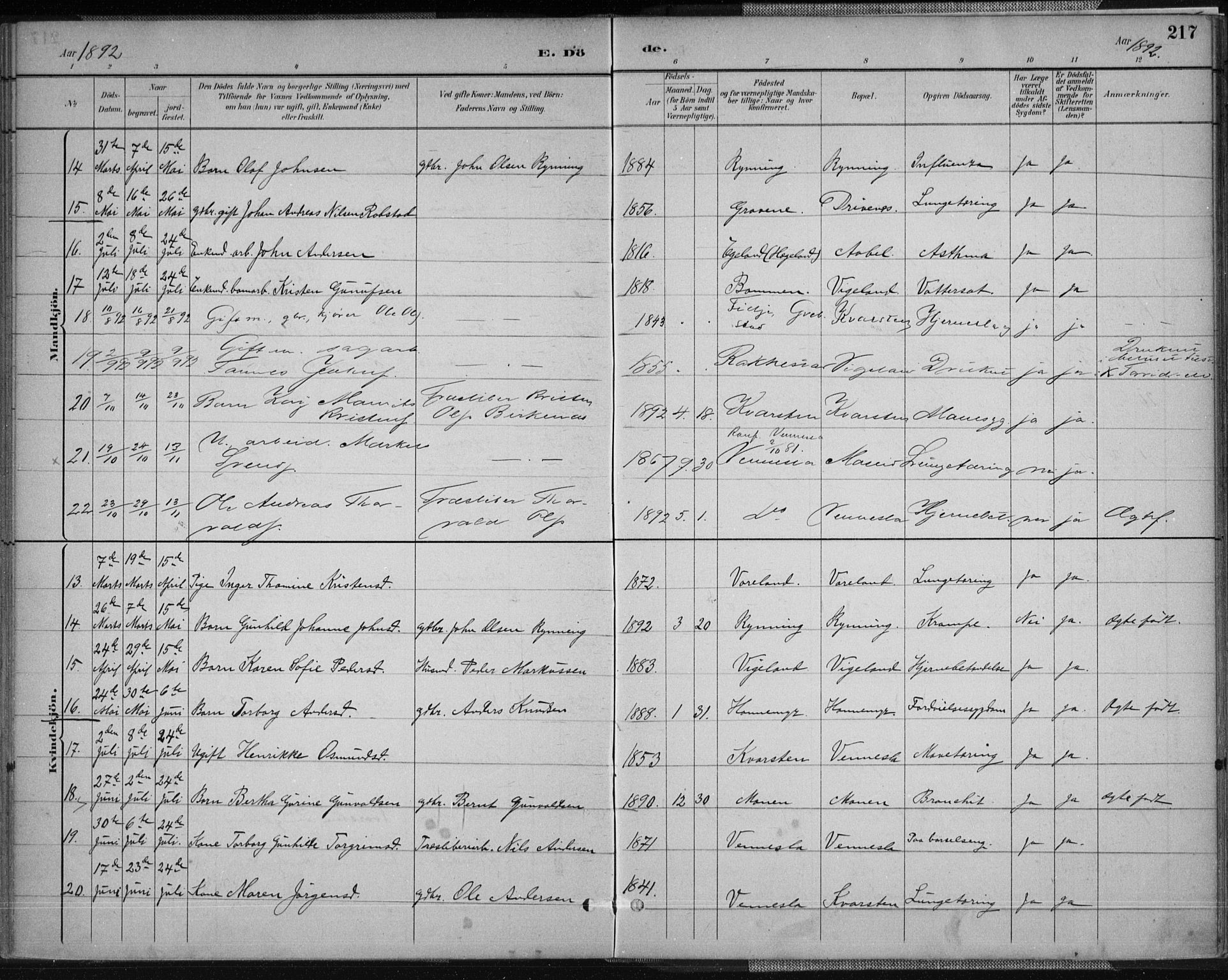 Vennesla sokneprestkontor, AV/SAK-1111-0045/Fa/Fab/L0004: Parish register (official) no. A 4, 1884-1896, p. 217