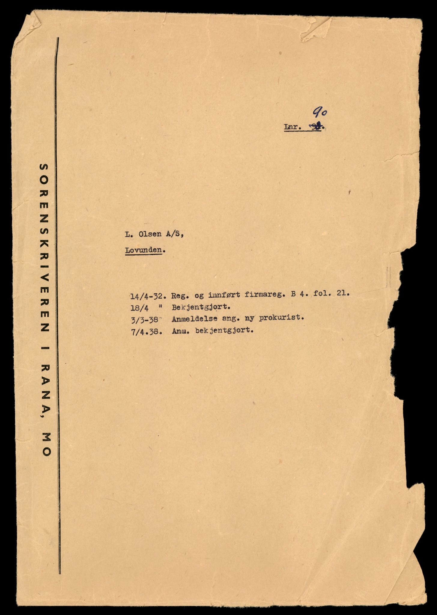 Rana sorenskriveri , SAT/A-1108/2/J/Jd/Jda/L0005: Bilag. Aksjeselskap løpenr. 90 - 326, 1932-1972, p. 1