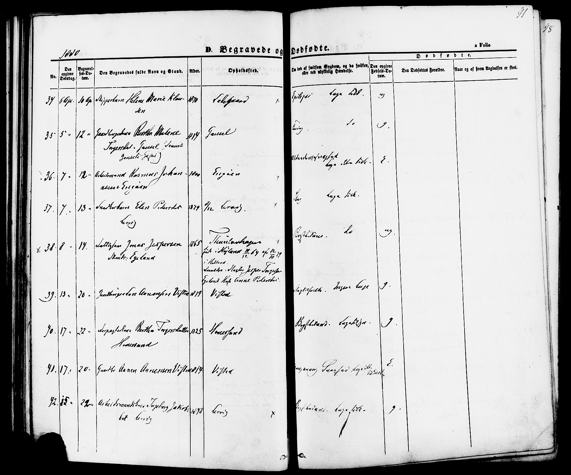 Hetland sokneprestkontor, AV/SAST-A-101826/30/30BA/L0006: Parish register (official) no. A 6, 1869-1884, p. 91