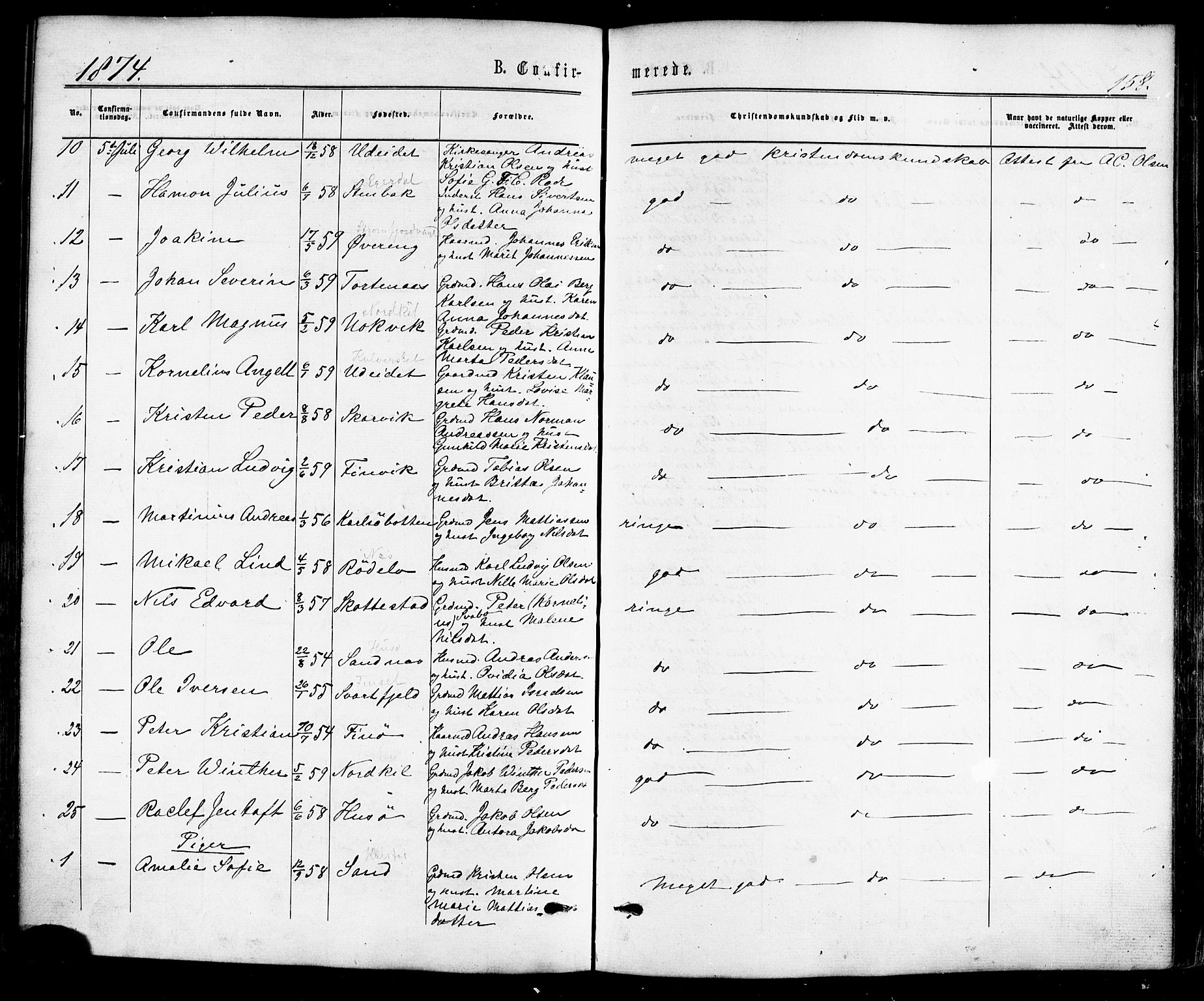 Ministerialprotokoller, klokkerbøker og fødselsregistre - Nordland, SAT/A-1459/859/L0845: Parish register (official) no. 859A05, 1863-1877, p. 158