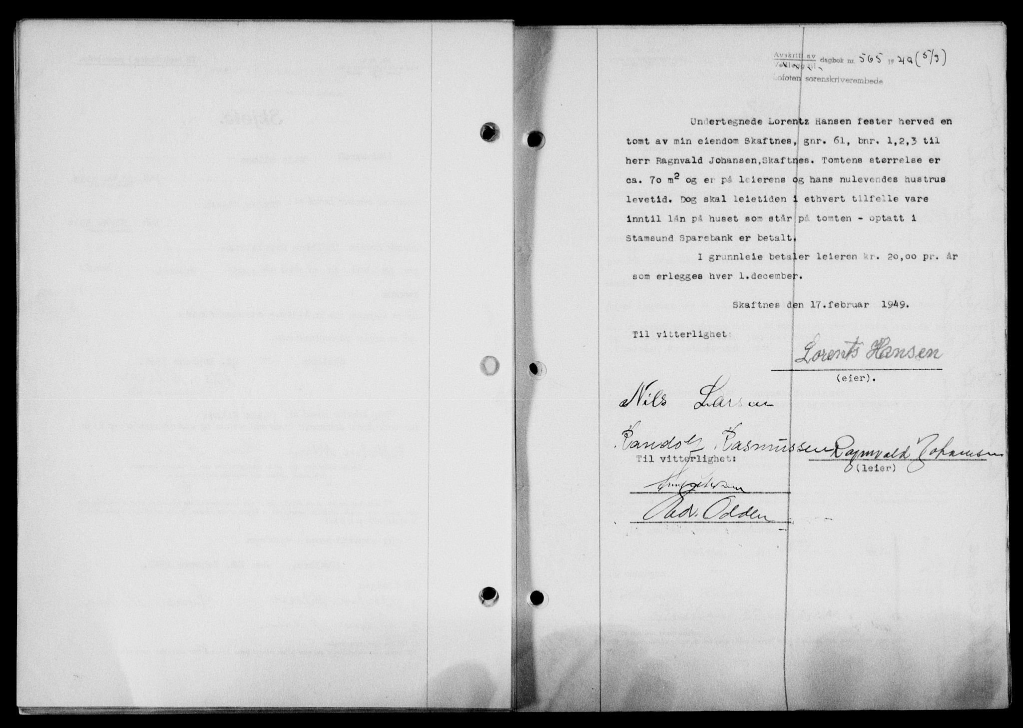 Lofoten sorenskriveri, SAT/A-0017/1/2/2C/L0020a: Mortgage book no. 20a, 1948-1949, Diary no: : 565/1949