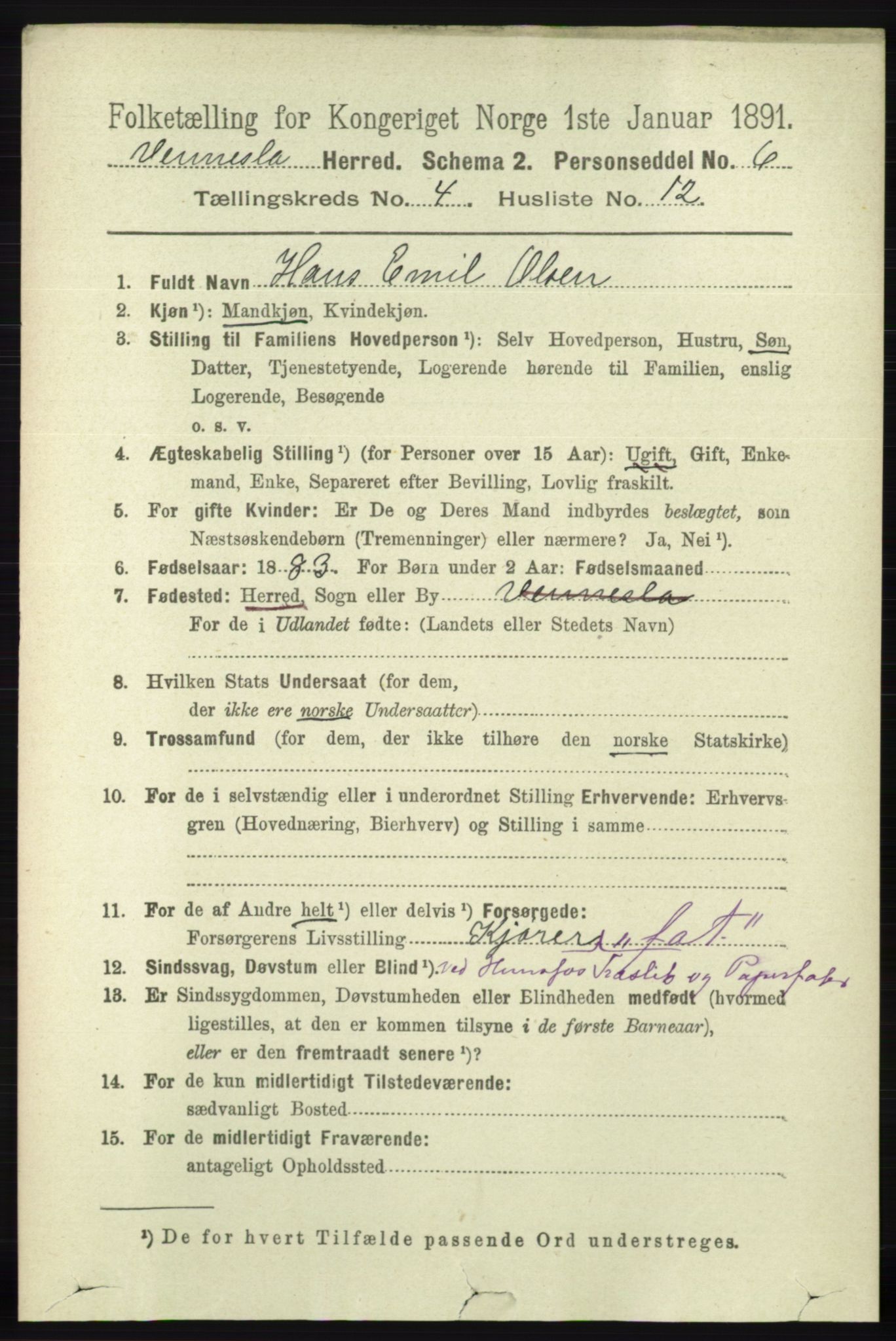 RA, 1891 census for 1014 Vennesla, 1891, p. 1148