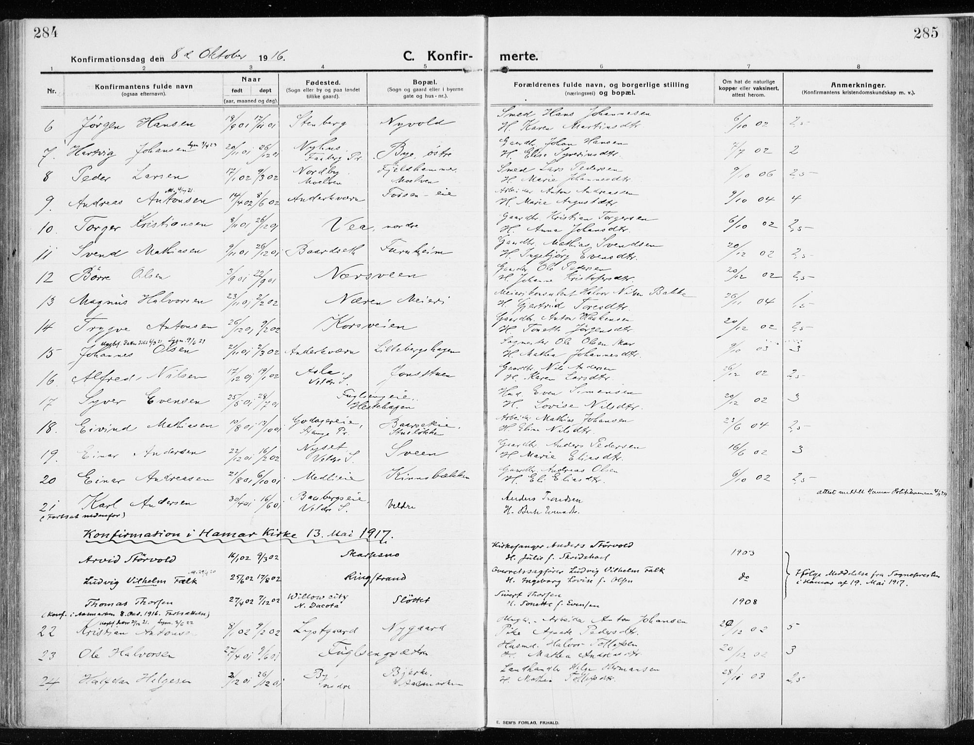 Ringsaker prestekontor, AV/SAH-PREST-014/K/Ka/L0020: Parish register (official) no. 20, 1913-1922, p. 284-285