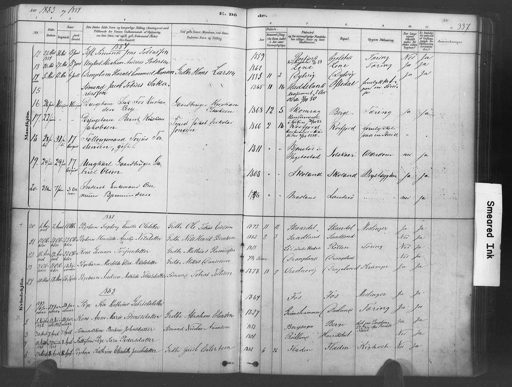 Lyngdal sokneprestkontor, AV/SAK-1111-0029/F/Fa/Fac/L0011: Parish register (official) no. A 11, 1878-1893, p. 337