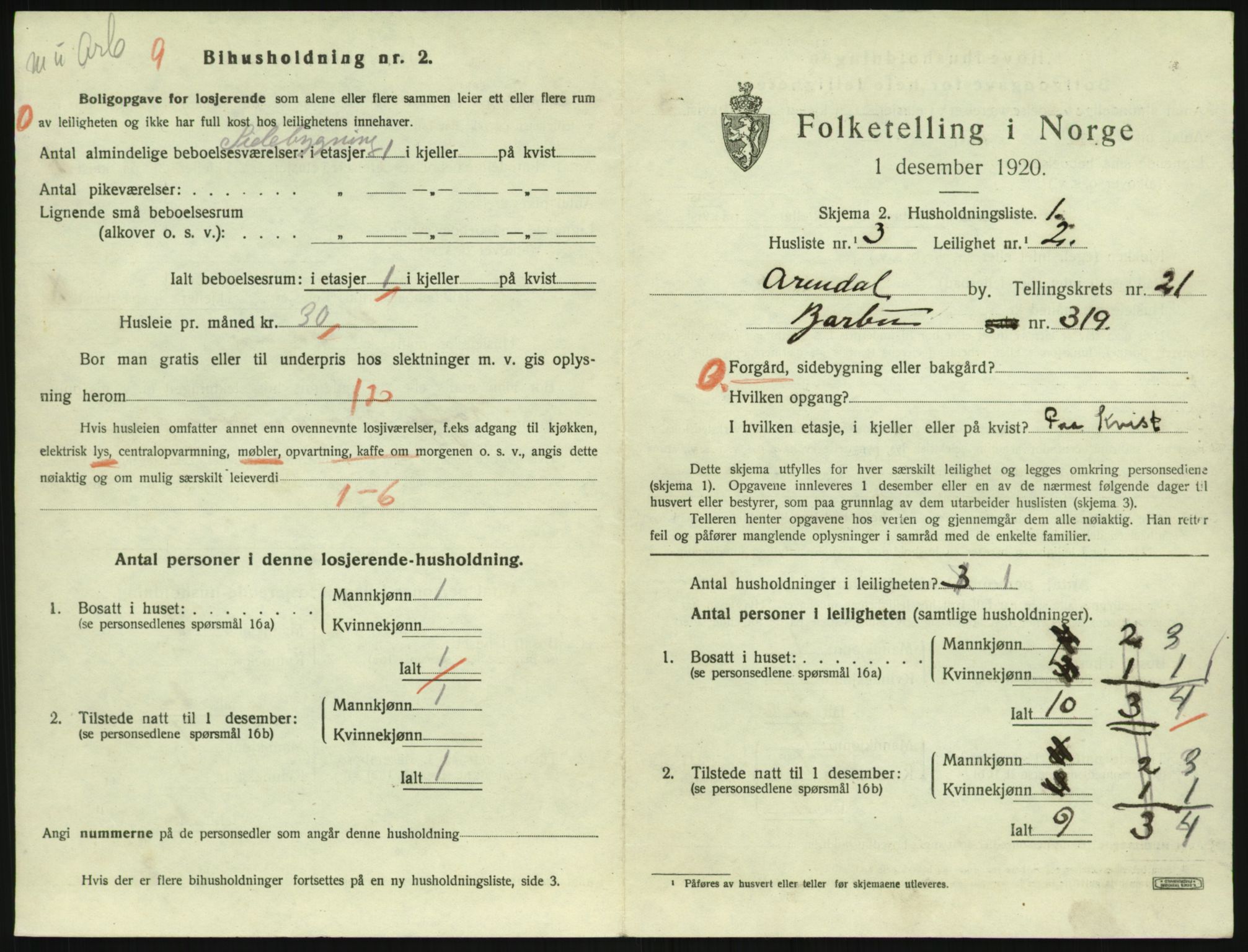 SAK, 1920 census for Arendal, 1920, p. 8484