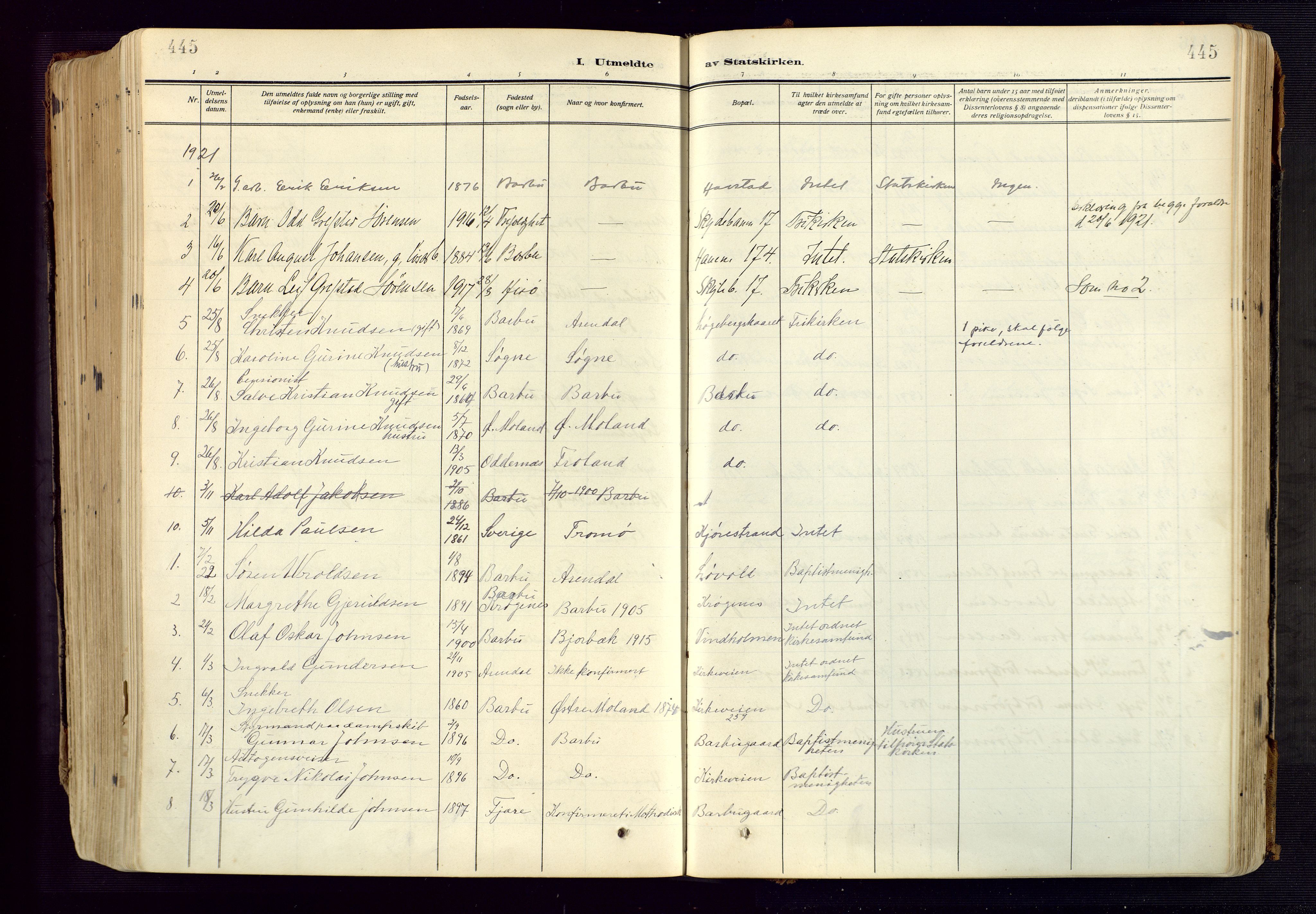 Barbu sokneprestkontor, SAK/1111-0003/F/Fa/L0006: Parish register (official) no. A 6, 1910-1929, p. 445