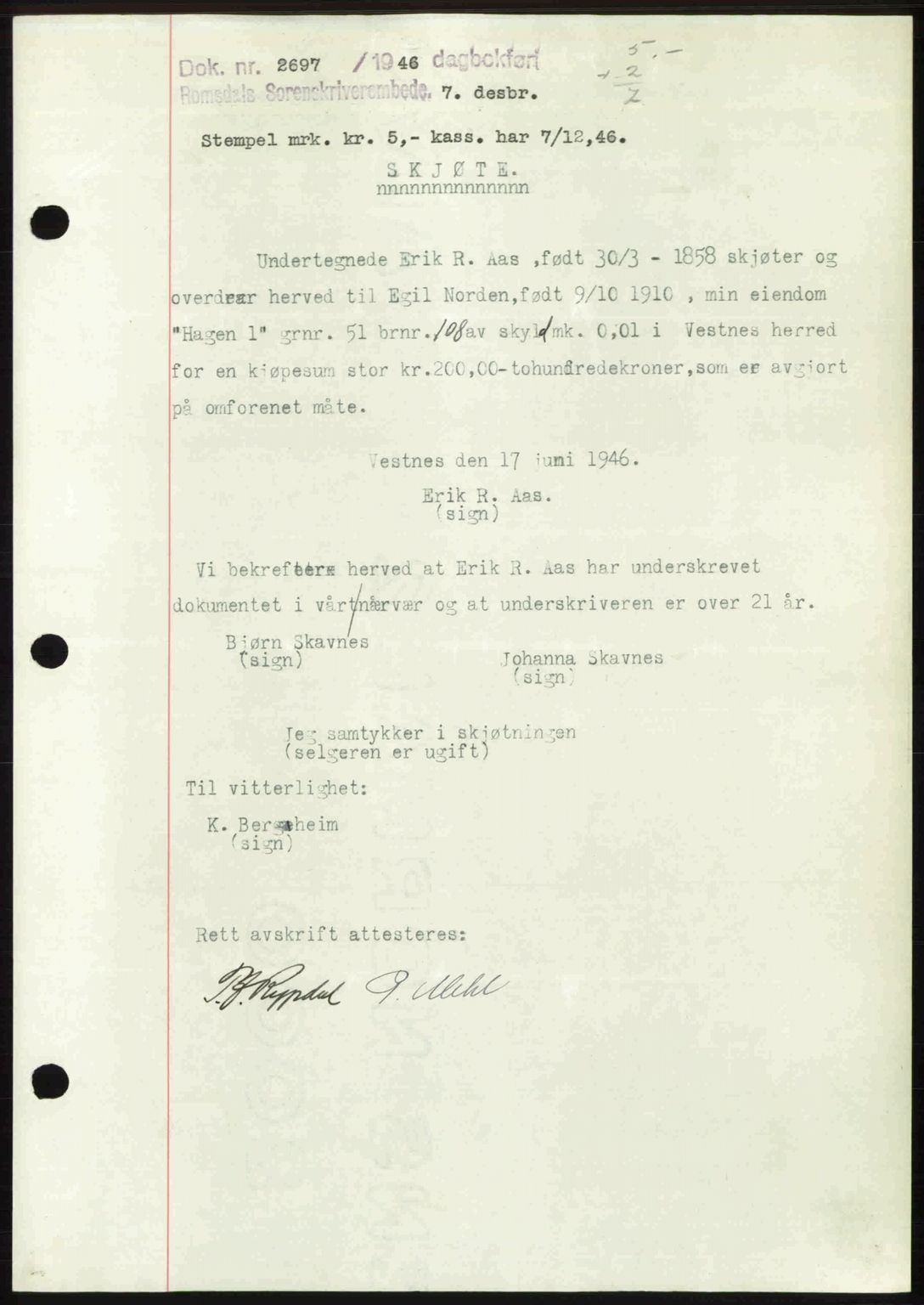 Romsdal sorenskriveri, AV/SAT-A-4149/1/2/2C: Mortgage book no. A21, 1946-1946, Diary no: : 2697/1946