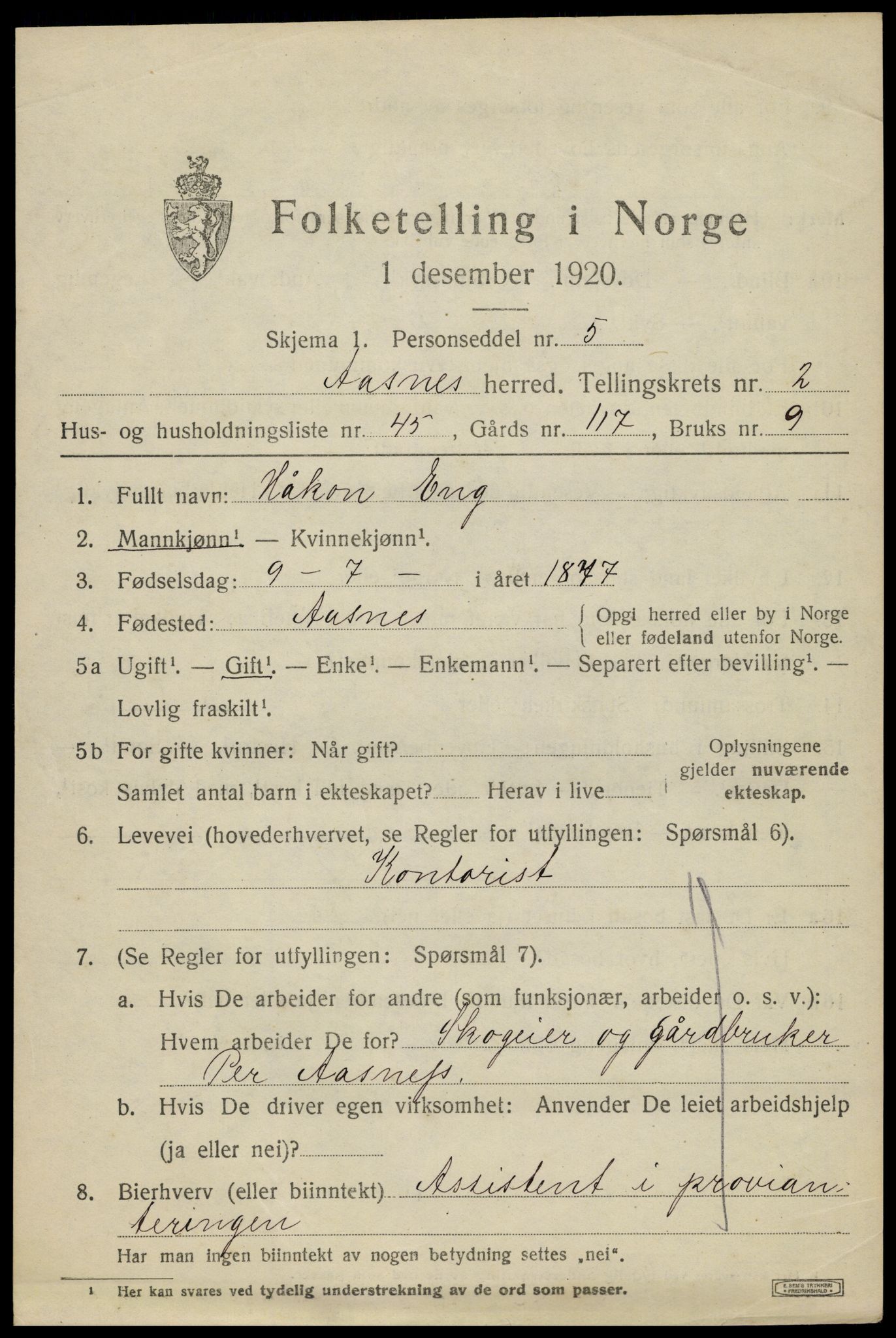 SAH, 1920 census for Åsnes, 1920, p. 3376