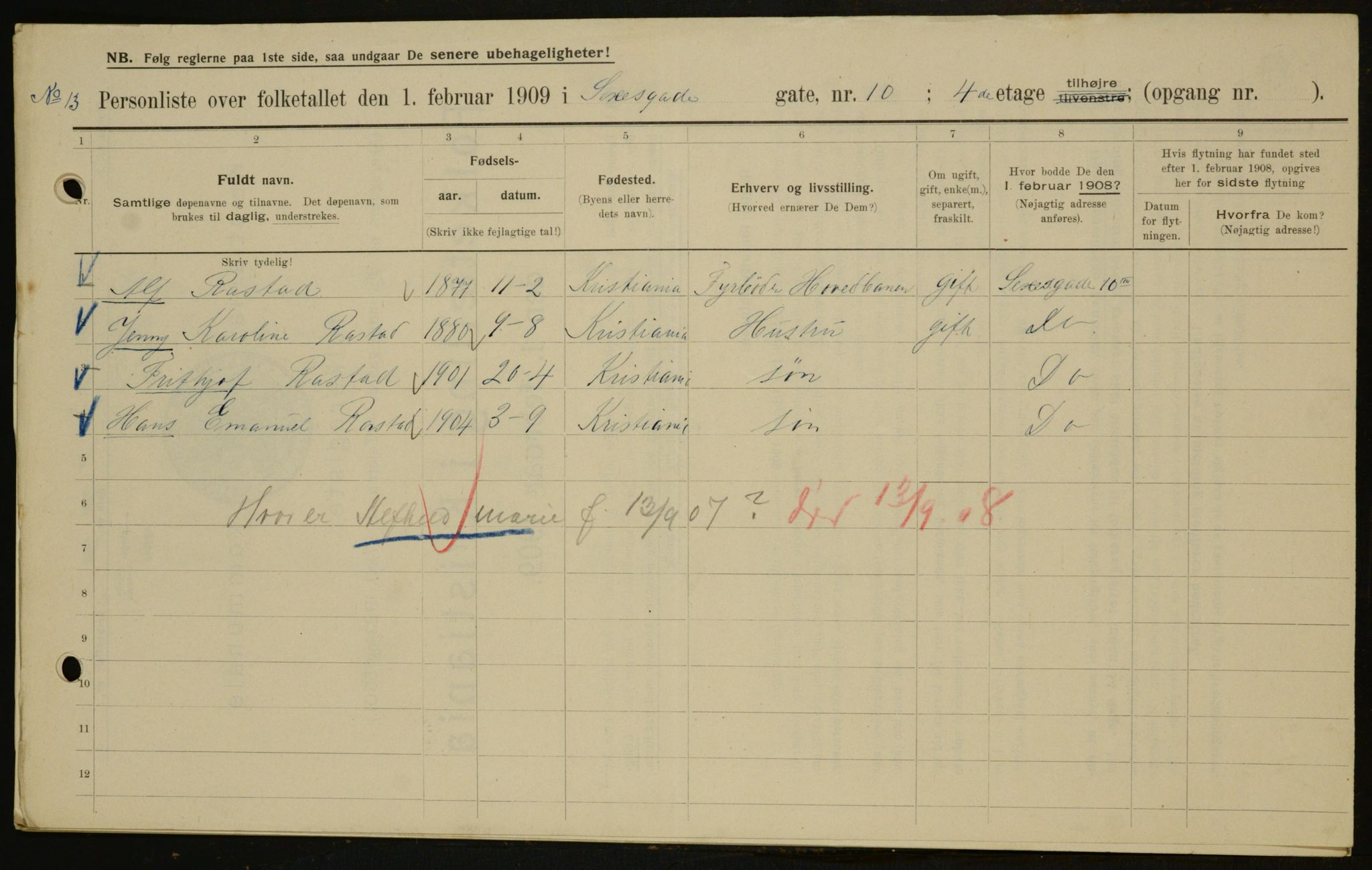 OBA, Municipal Census 1909 for Kristiania, 1909, p. 86000