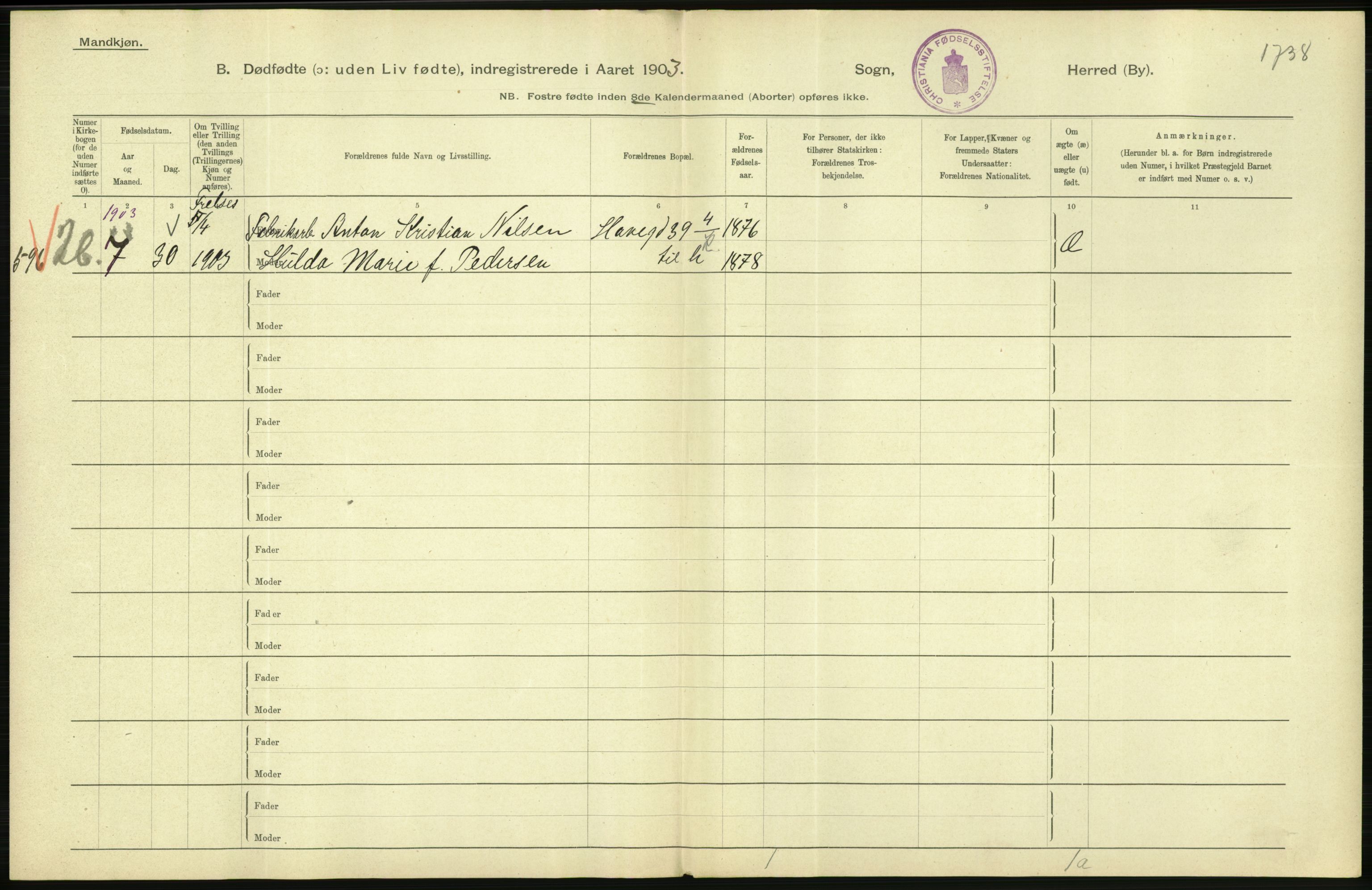 Statistisk sentralbyrå, Sosiodemografiske emner, Befolkning, AV/RA-S-2228/D/Df/Dfa/Dfaa/L0026: Smålenenes - Finnmarkens amt: Dødfødte. Byer., 1903, p. 76