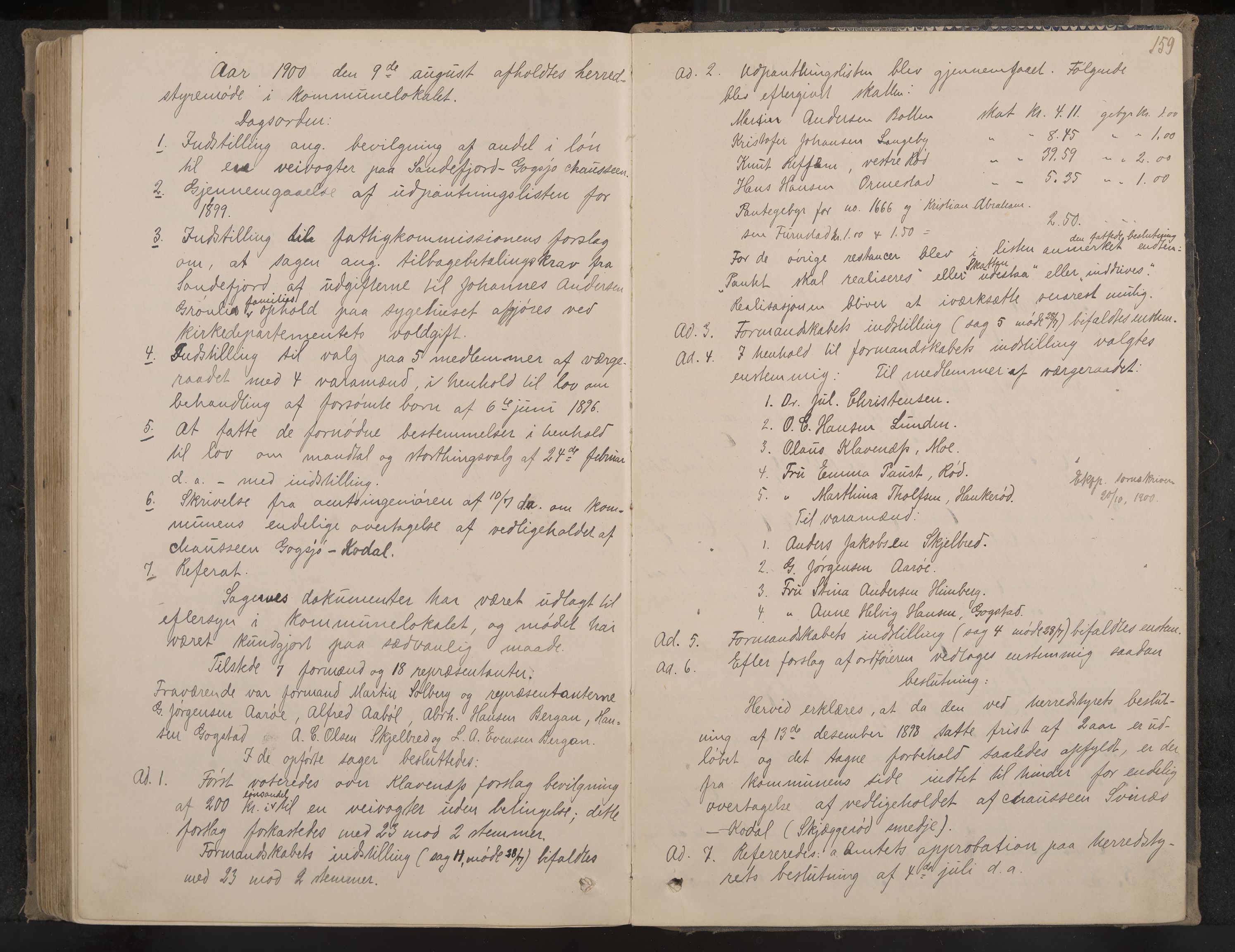 Sandar formannskap og sentraladministrasjon, IKAK/0724021/A/Aa/L0002: Møtebok, 1895-1900, p. 159