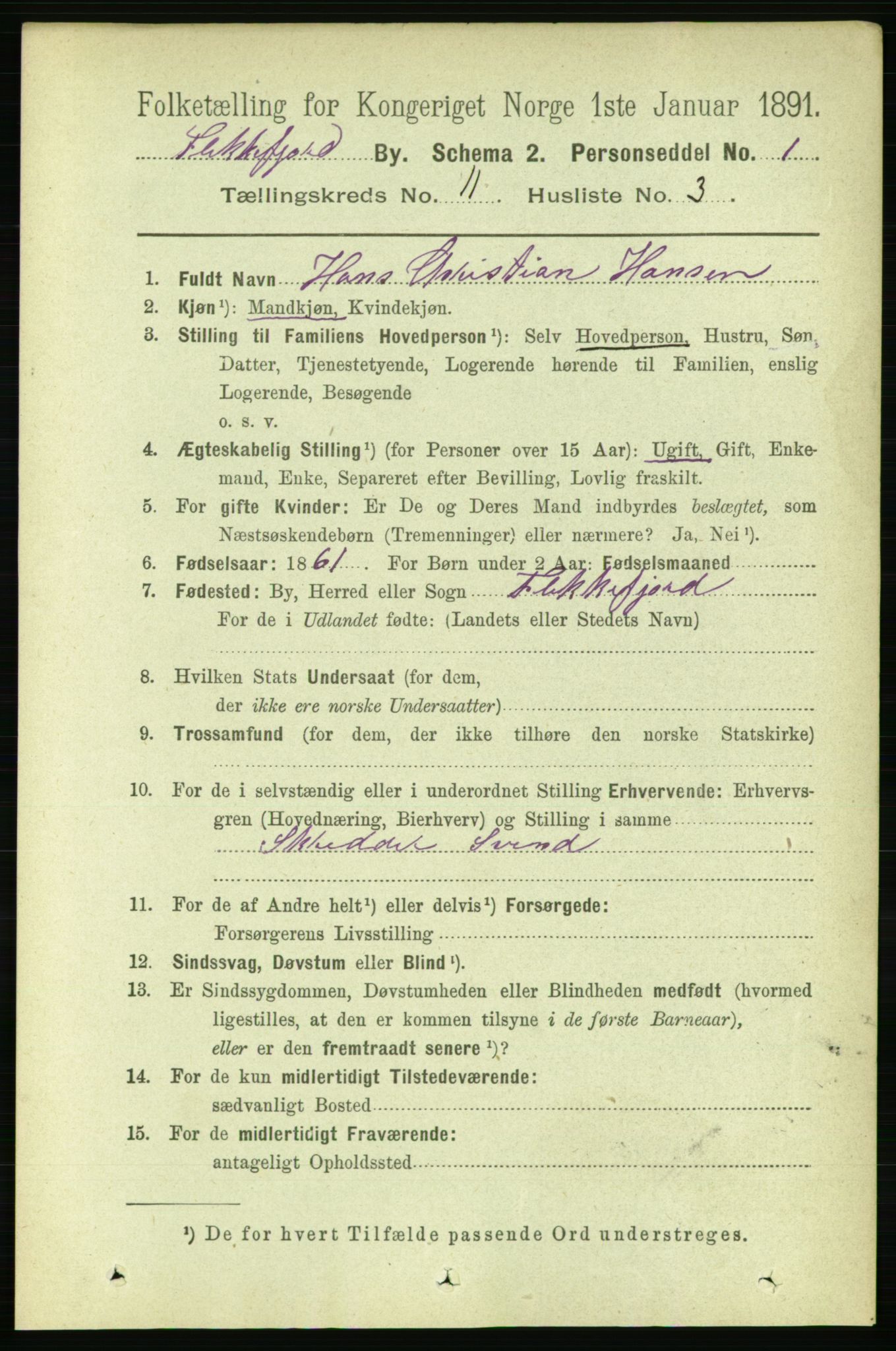 RA, 1891 census for 1004 Flekkefjord, 1891, p. 1633