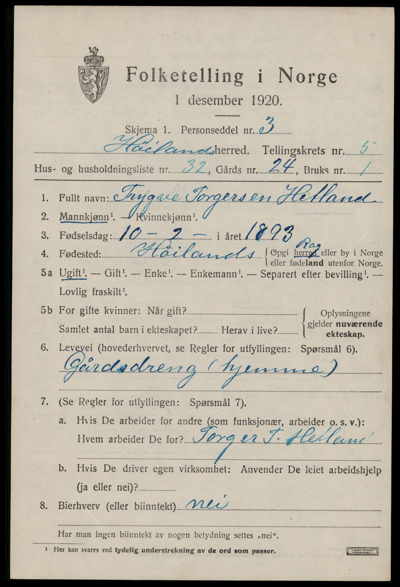 SAST, 1920 census for Høyland, 1920, p. 4260