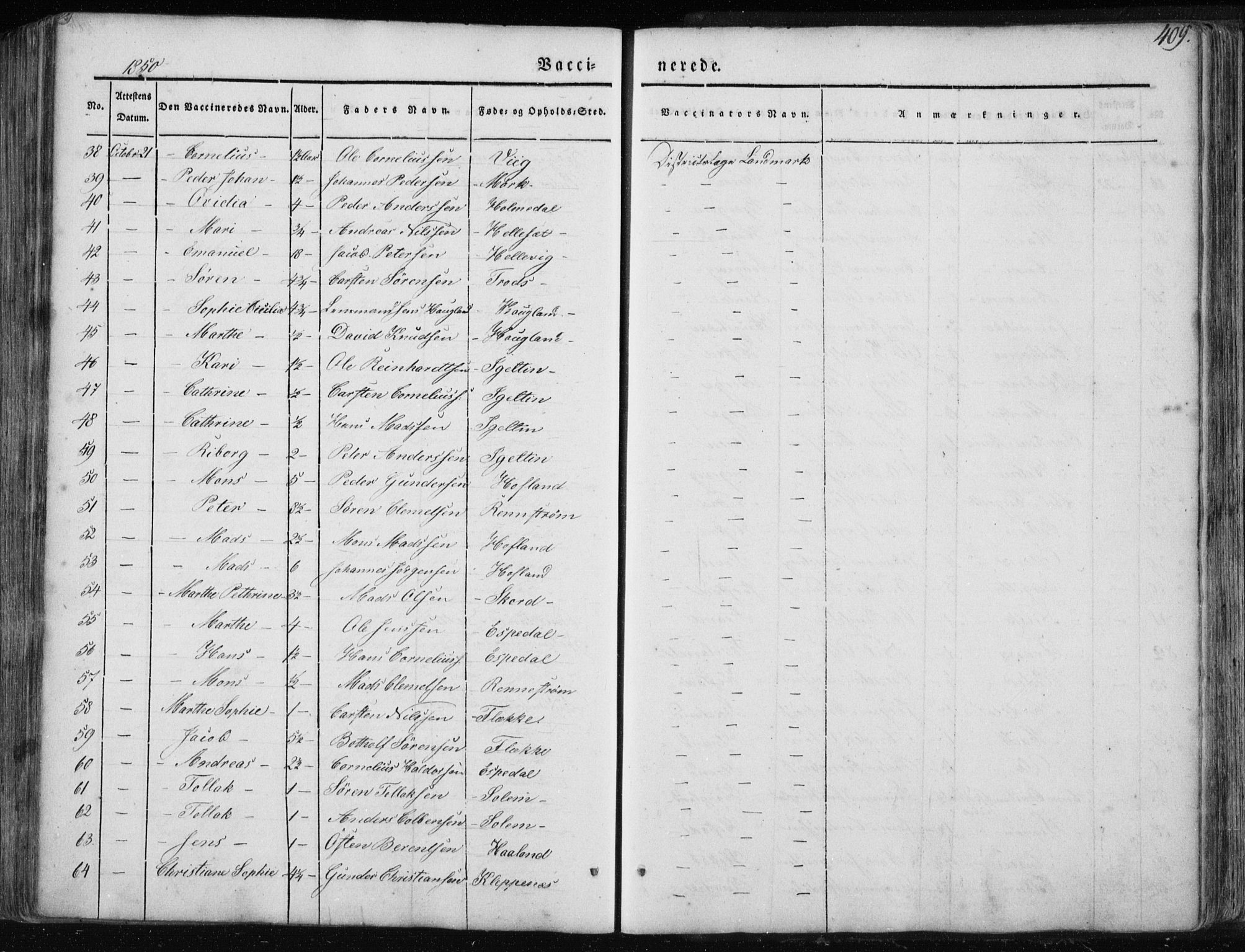 Fjaler sokneprestembete, SAB/A-79801/H/Haa/Haaa/L0006: Parish register (official) no. A 6, 1835-1884, p. 409