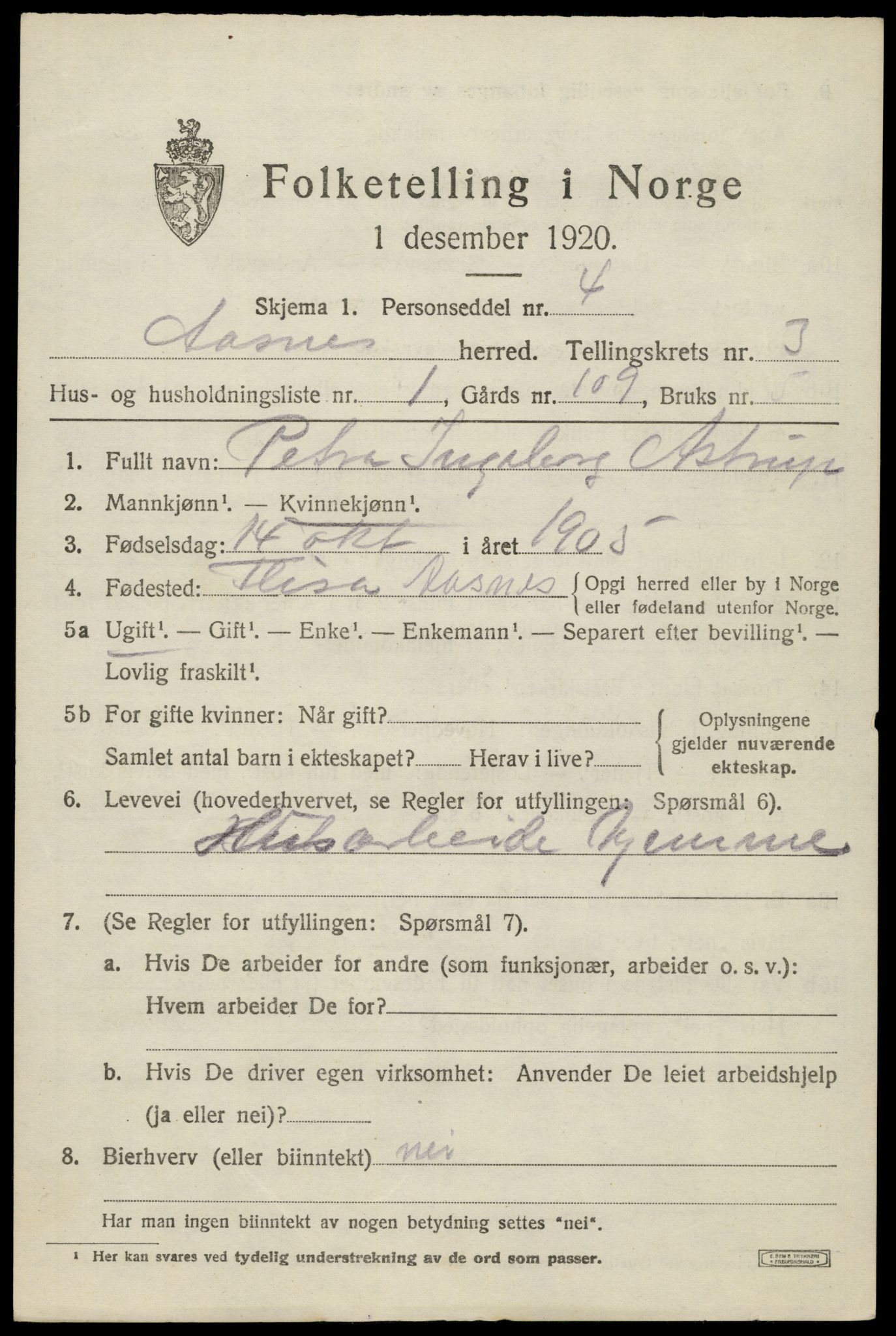 SAH, 1920 census for Åsnes, 1920, p. 3608