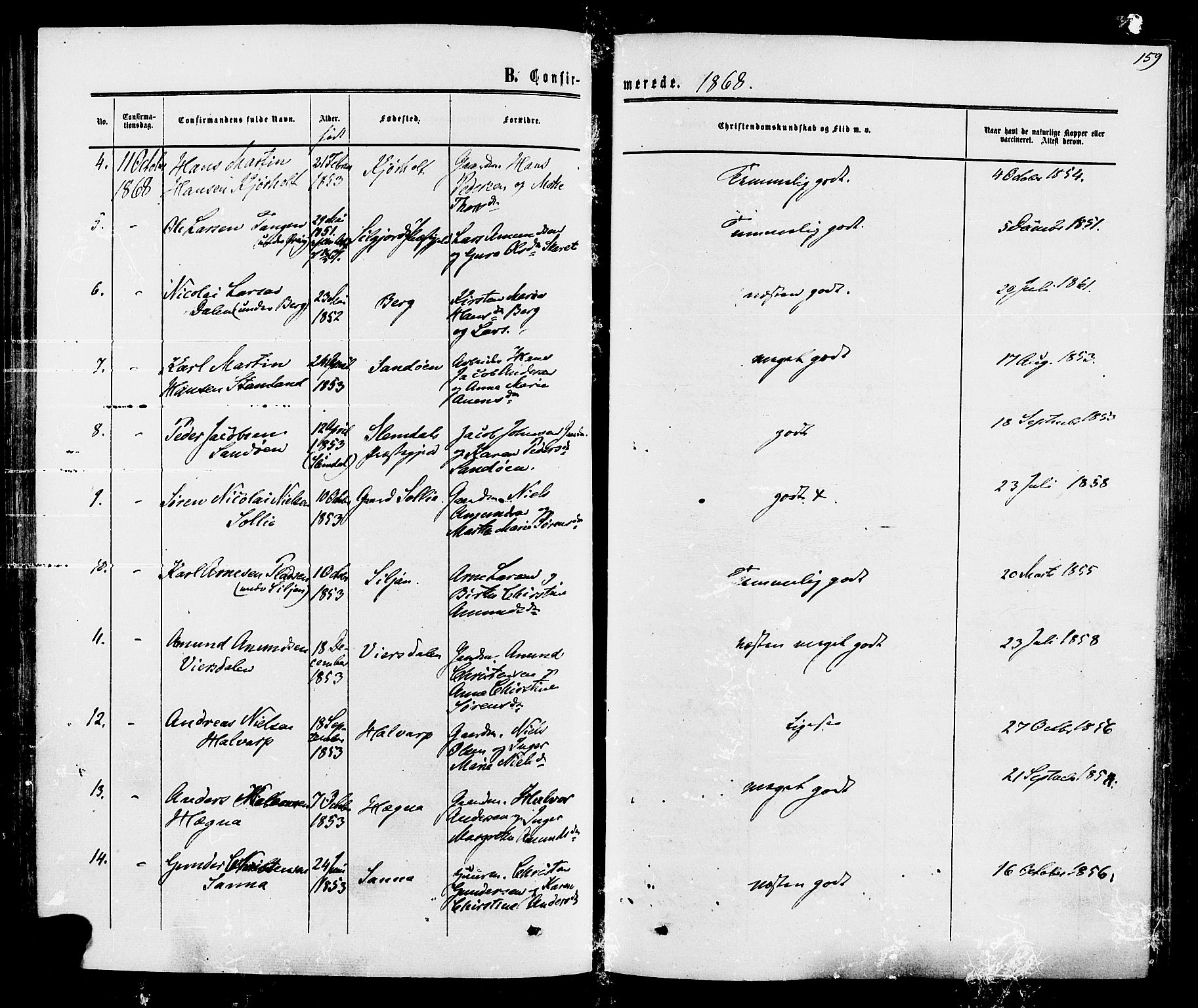Eidanger kirkebøker, SAKO/A-261/F/Fa/L0010: Parish register (official) no. 10, 1859-1874, p. 159