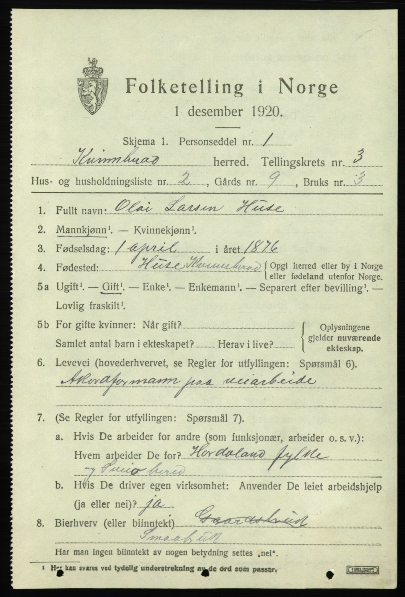 SAB, 1920 census for Kvinnherad, 1920, p. 4496