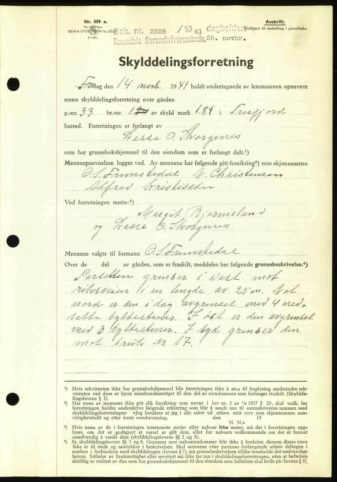 Romsdal sorenskriveri, AV/SAT-A-4149/1/2/2C: Mortgage book no. A11, 1941-1942, Diary no: : 2328/1941