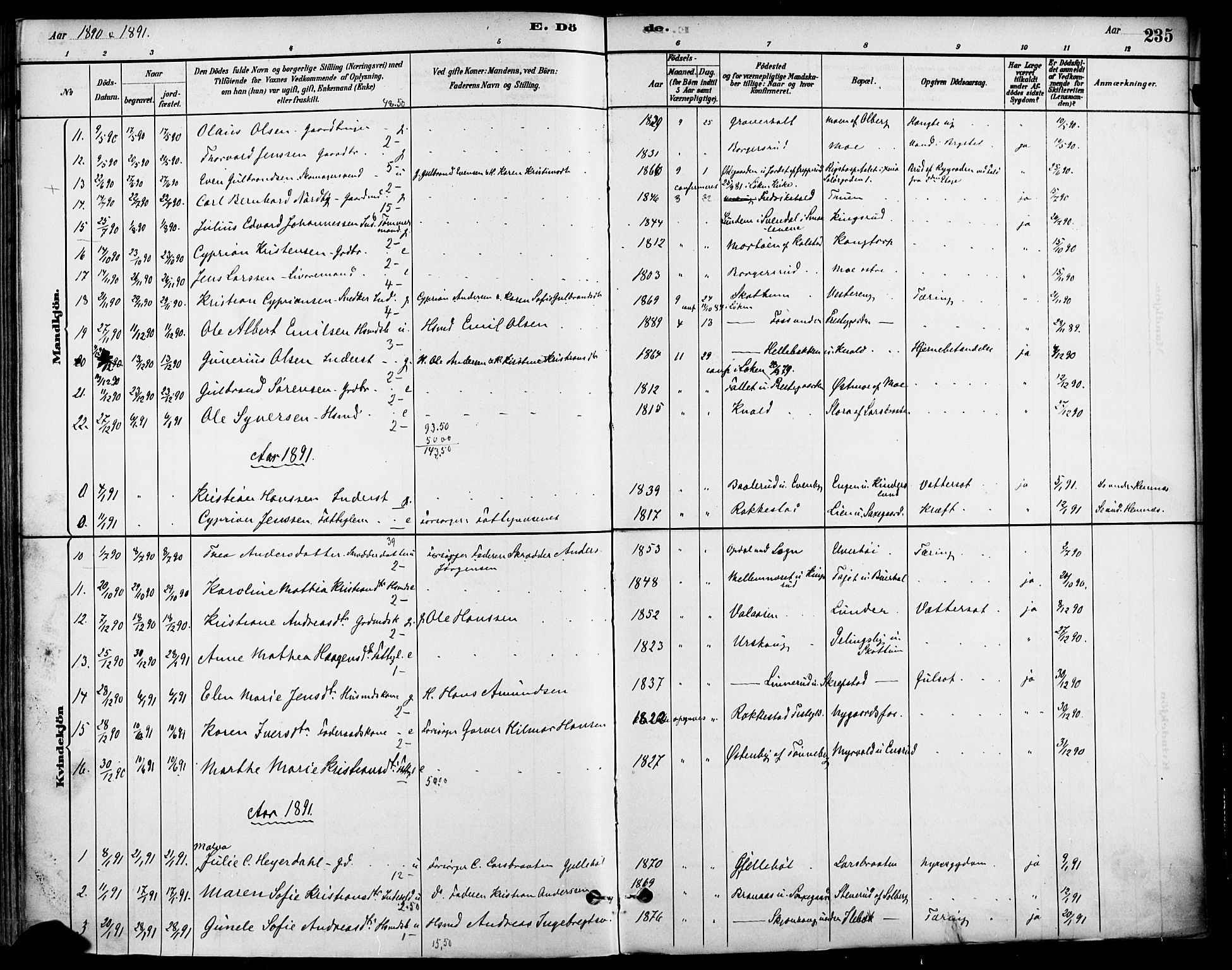 Høland prestekontor Kirkebøker, SAO/A-10346a/F/Fa/L0013: Parish register (official) no. I 13, 1880-1897, p. 235