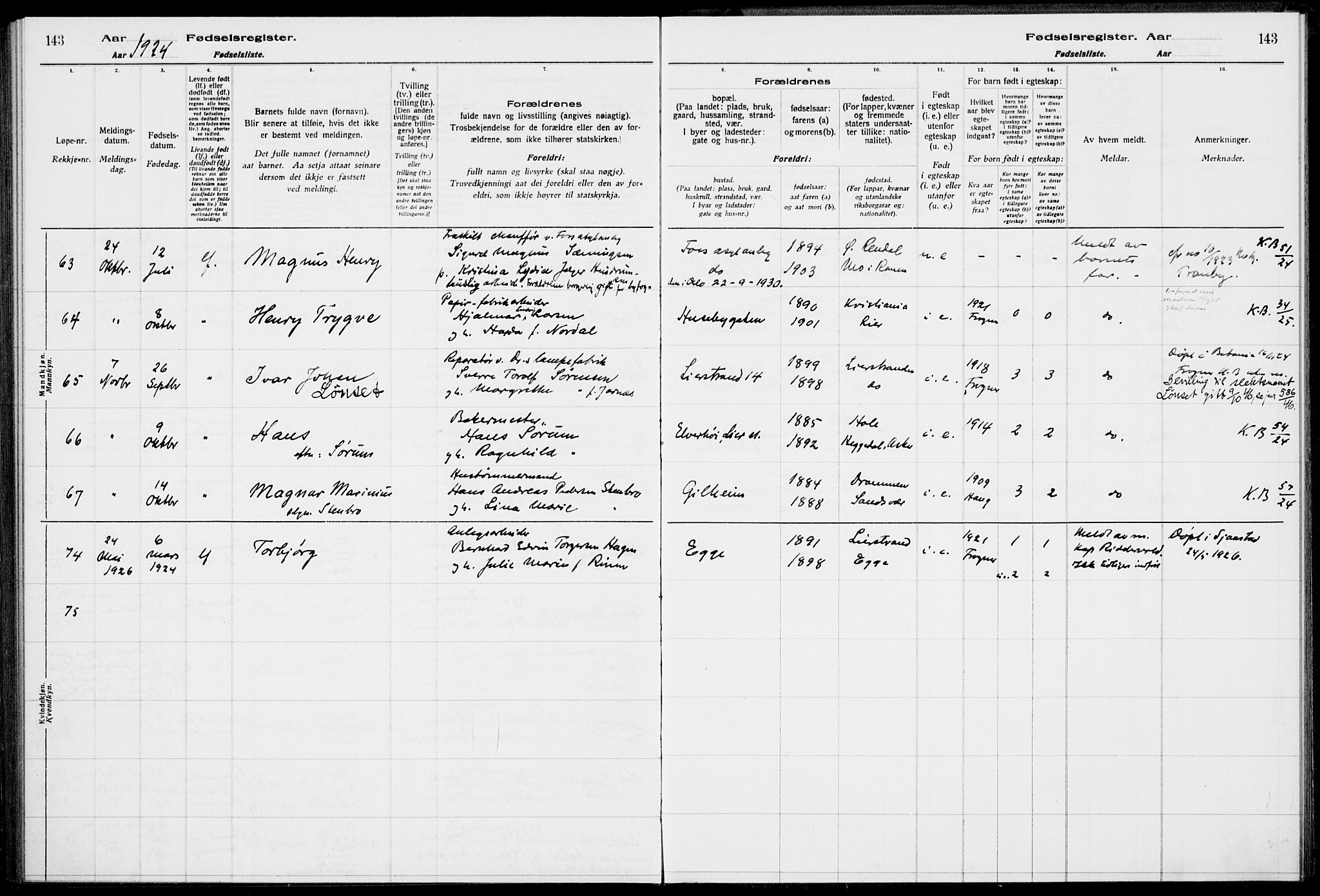 Lier kirkebøker, AV/SAKO-A-230/J/Ja/L0001: Birth register no. 1, 1916-1928, p. 143