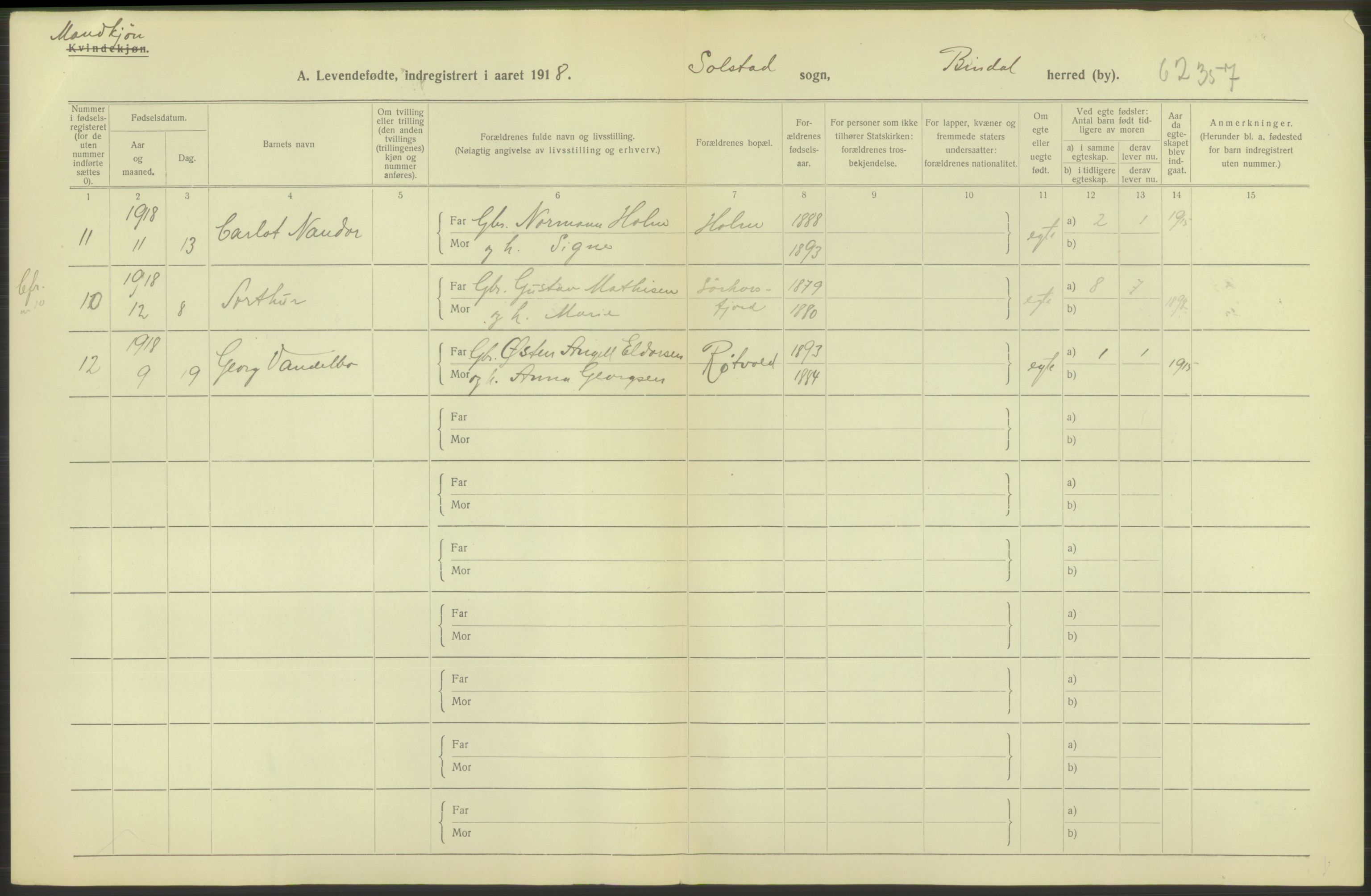 Statistisk sentralbyrå, Sosiodemografiske emner, Befolkning, AV/RA-S-2228/D/Df/Dfb/Dfbh/L0052: Nordland fylke: Levendefødte menn og kvinner. Bygder., 1918, p. 10