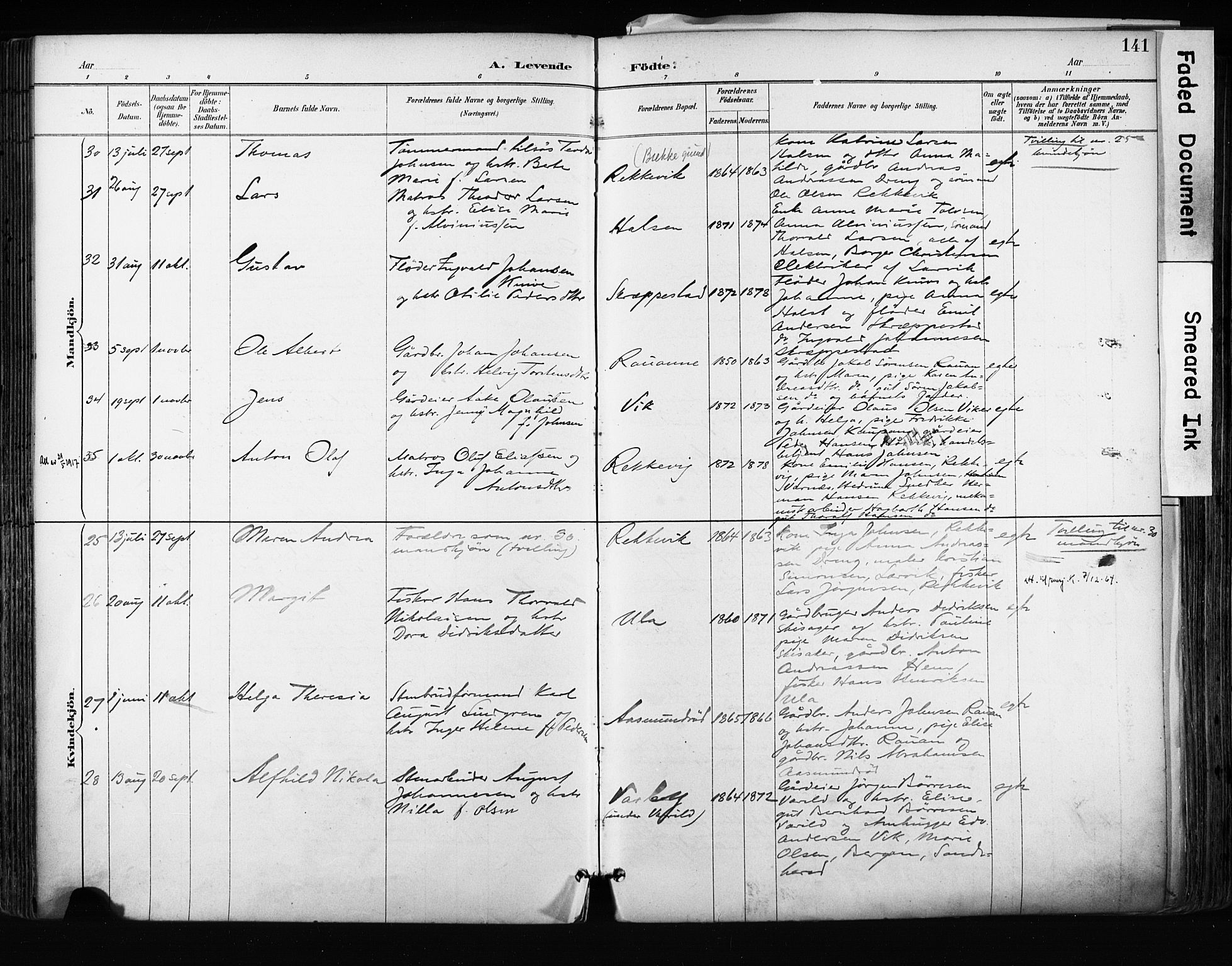 Tjølling kirkebøker, SAKO/A-60/F/Fa/L0009: Parish register (official) no. 9, 1887-1905, p. 141