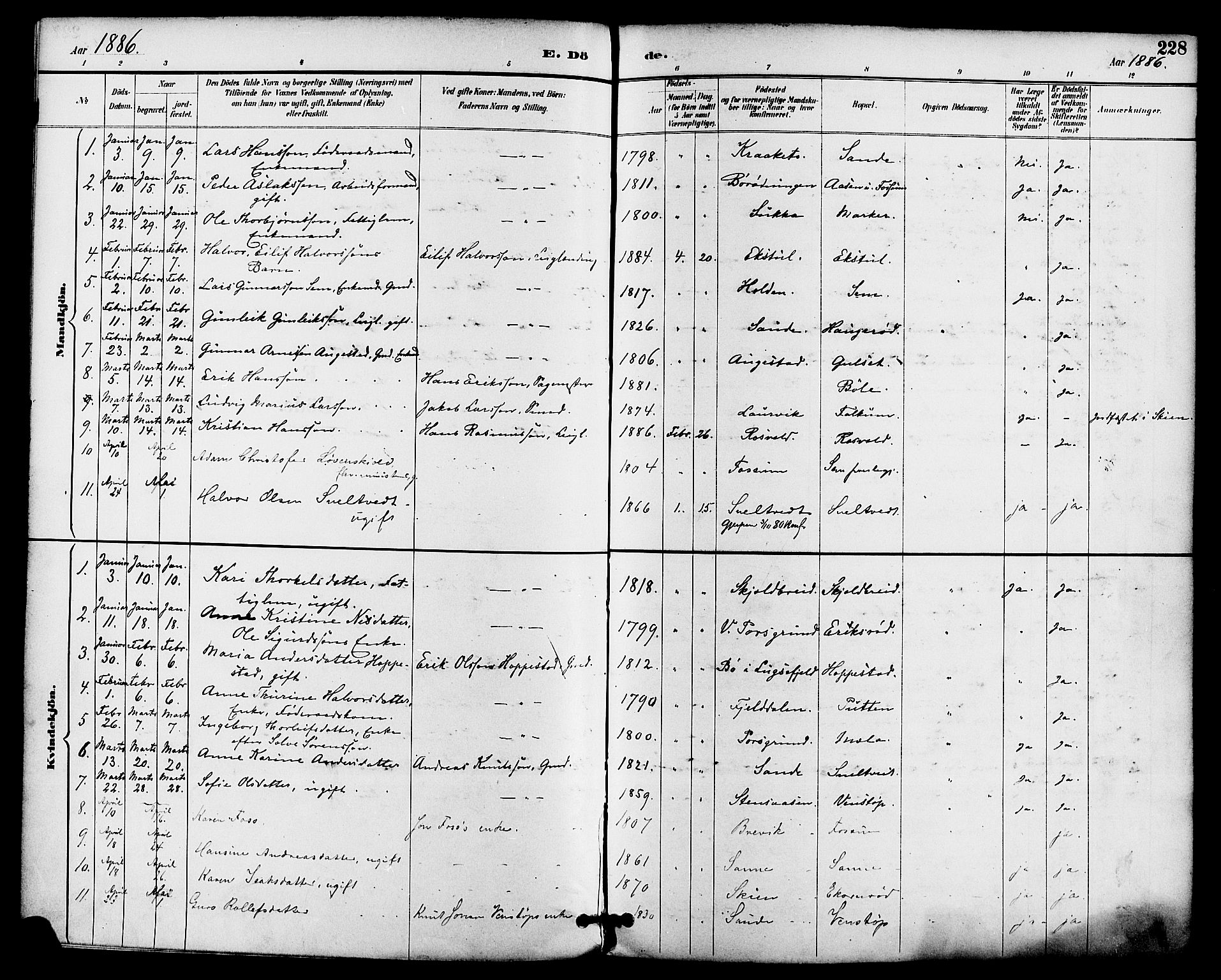 Gjerpen kirkebøker, SAKO/A-265/F/Fa/L0010: Parish register (official) no. I 10, 1886-1895, p. 228