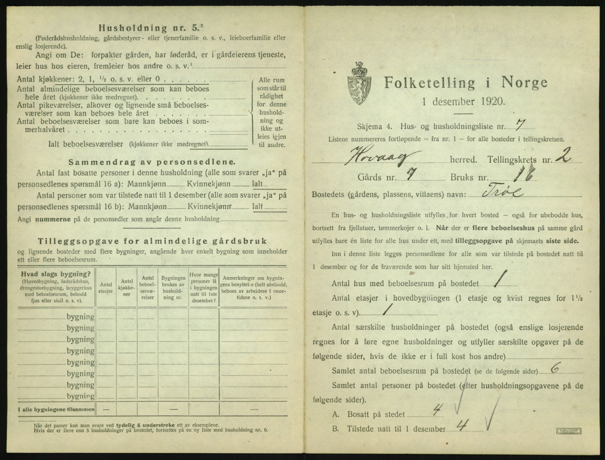 SAK, 1920 census for Høvåg, 1920, p. 104