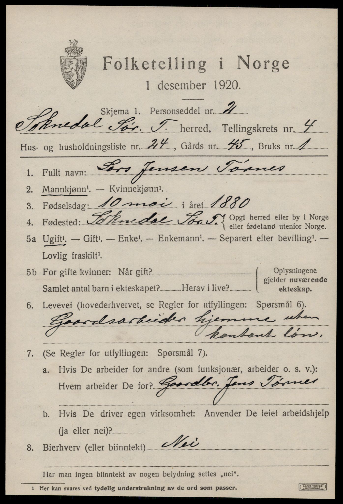 SAT, 1920 census for Soknedal, 1920, p. 2678