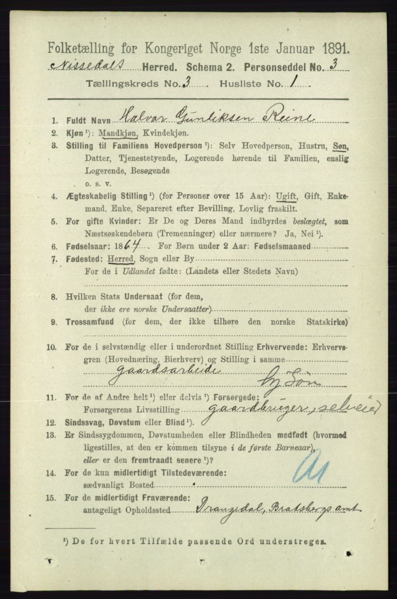 RA, 1891 census for 0830 Nissedal, 1891, p. 635