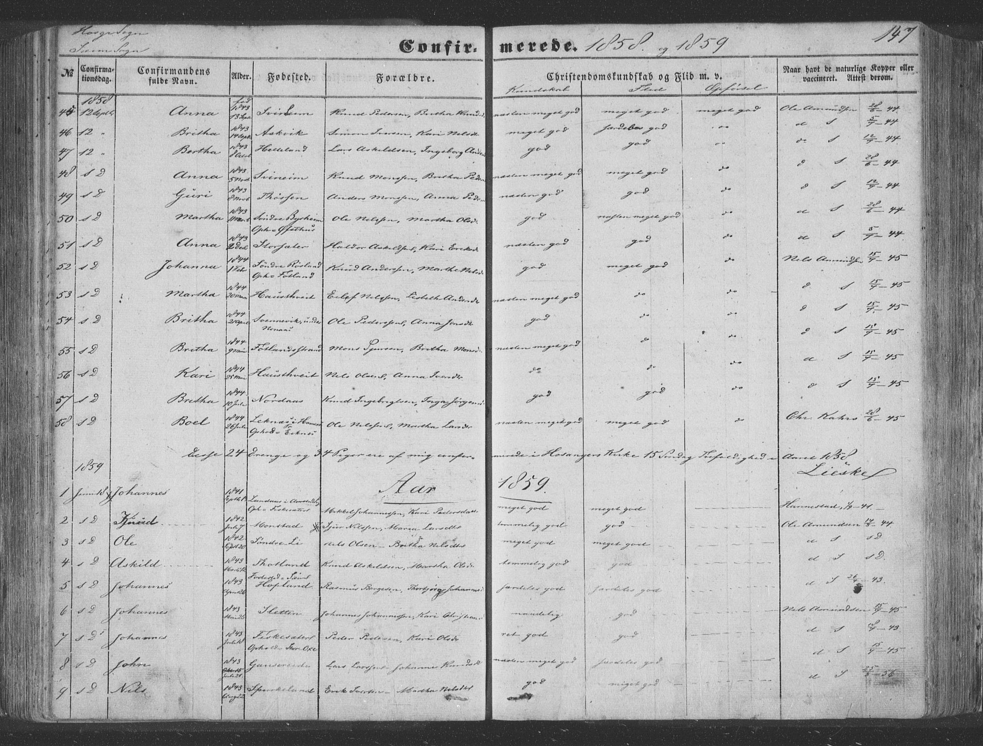 Hosanger sokneprestembete, AV/SAB-A-75801/H/Haa: Parish register (official) no. A 8, 1849-1863, p. 147