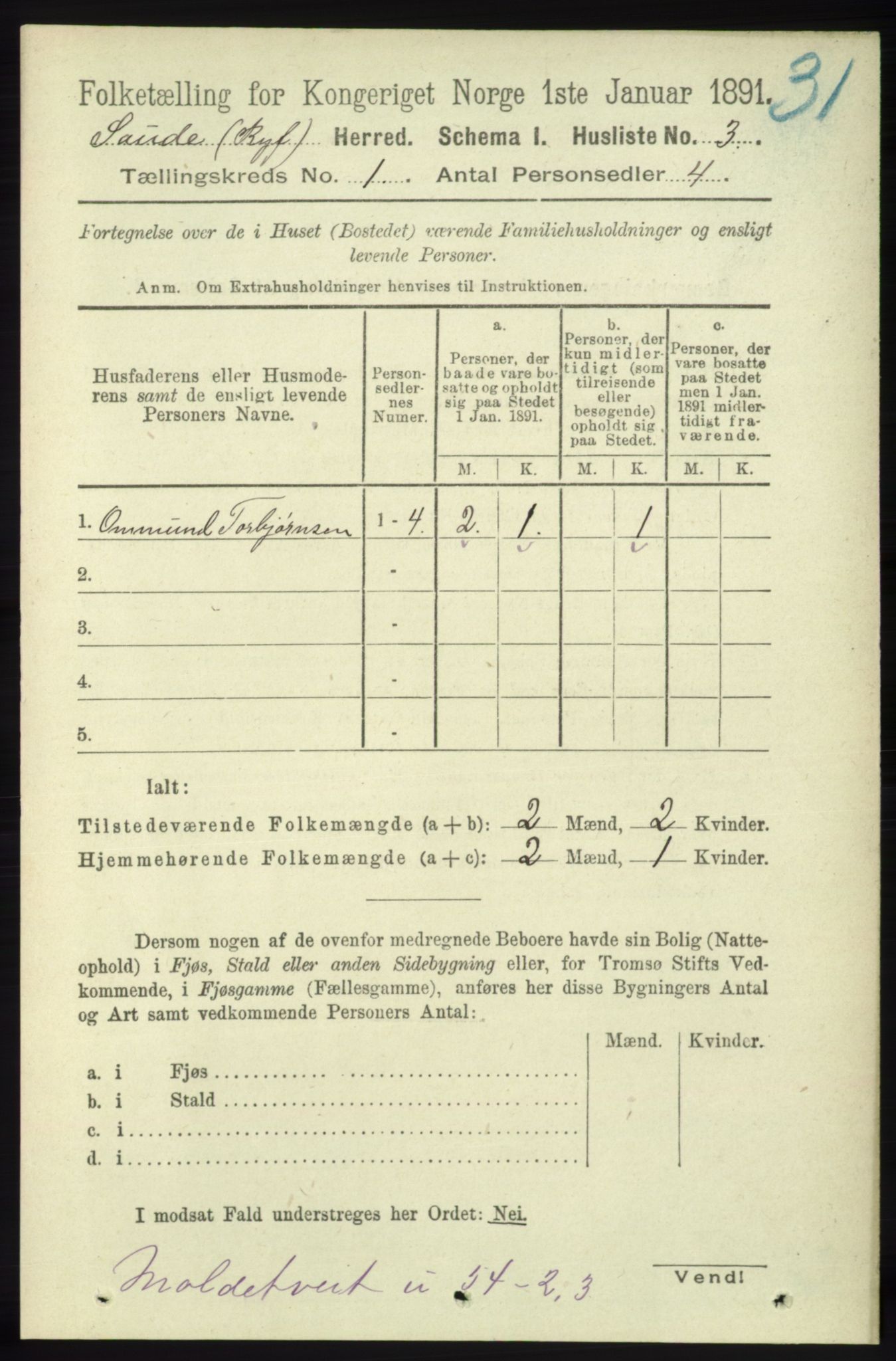 RA, 1891 census for 1135 Sauda, 1891, p. 20