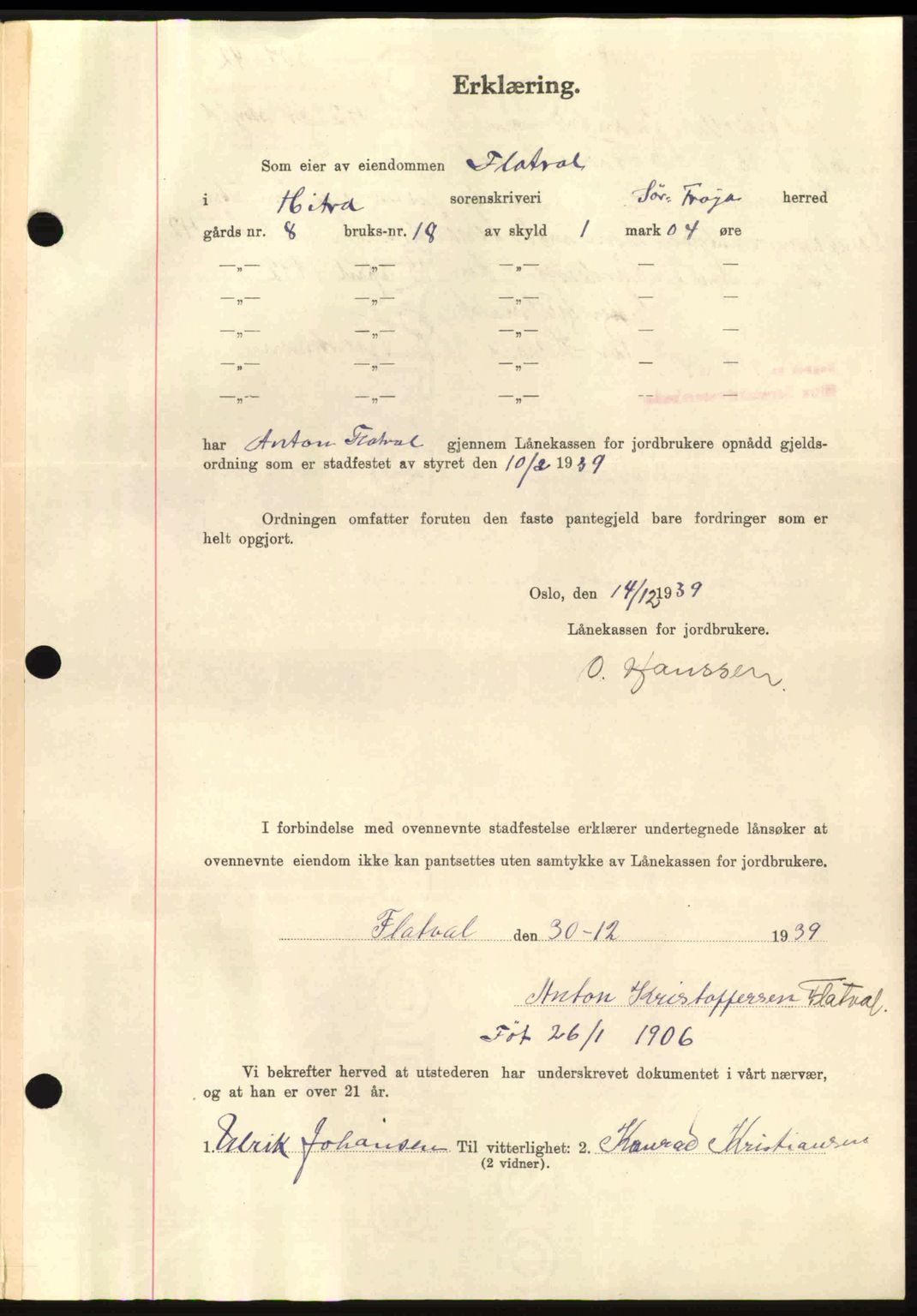 Hitra sorenskriveri, AV/SAT-A-0018/2/2C/2Ca: Mortgage book no. B1, 1939-1949, Diary no: : 109/1940