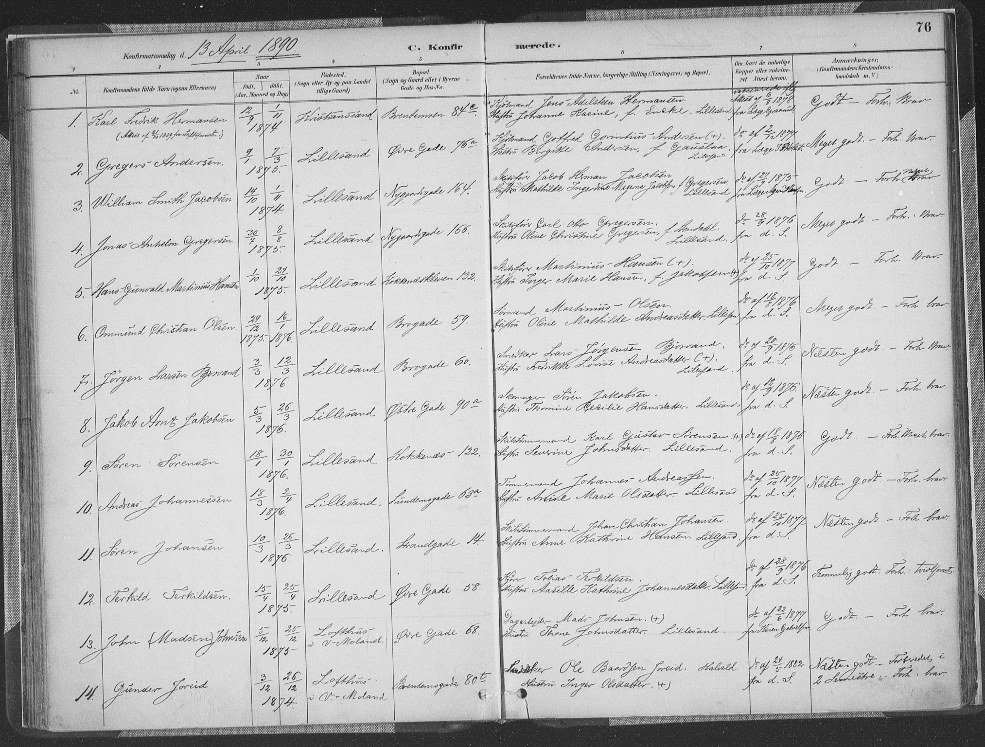 Vestre Moland sokneprestkontor, SAK/1111-0046/F/Fa/Faa/L0001: Parish register (official) no. A 1, 1884-1899, p. 76