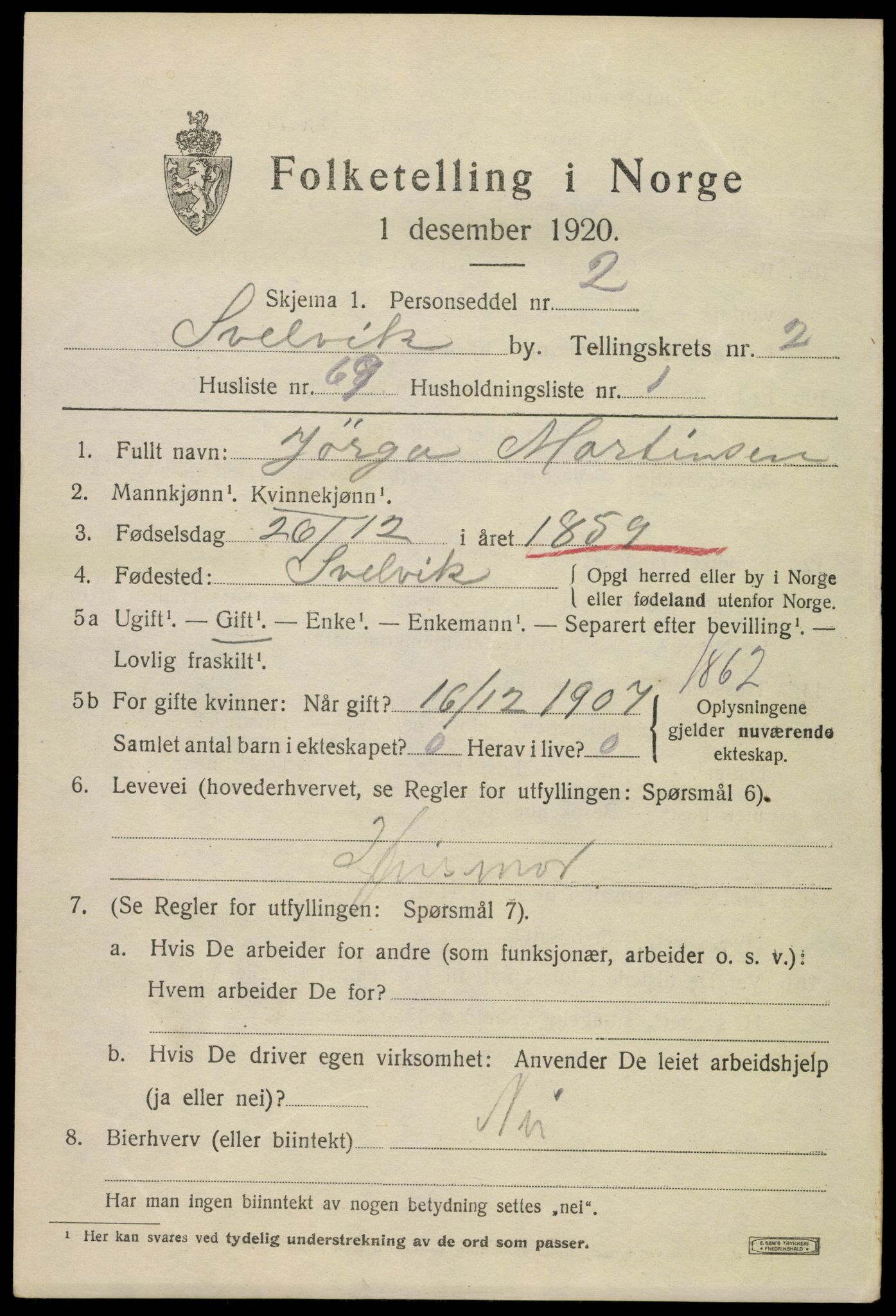 SAKO, 1920 census for Svelvik, 1920, p. 3111