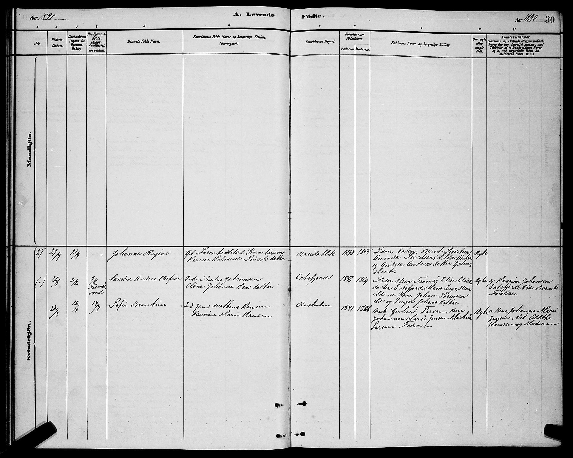 Lenvik sokneprestembete, AV/SATØ-S-1310/H/Ha/Hab/L0021klokker: Parish register (copy) no. 21, 1884-1900, p. 30