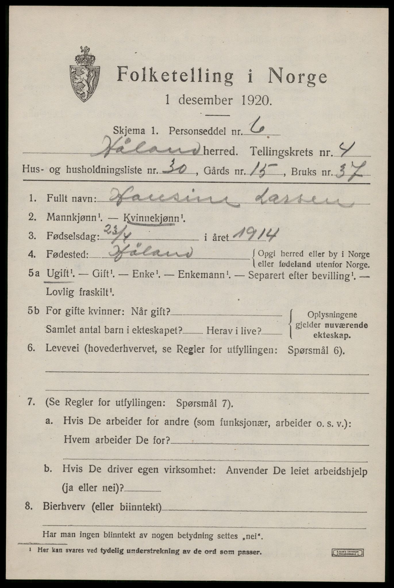 SAST, 1920 census for Håland, 1920, p. 3995