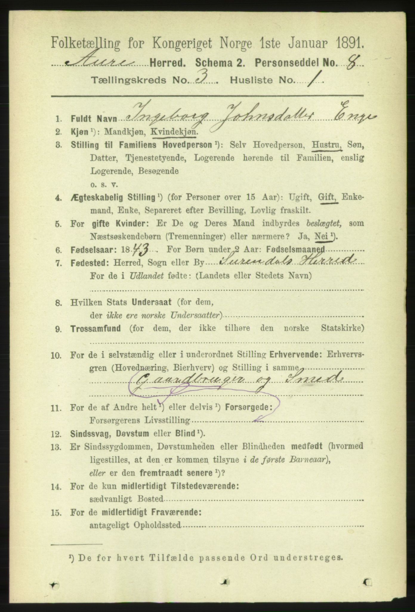 RA, 1891 census for 1569 Aure, 1891, p. 1558