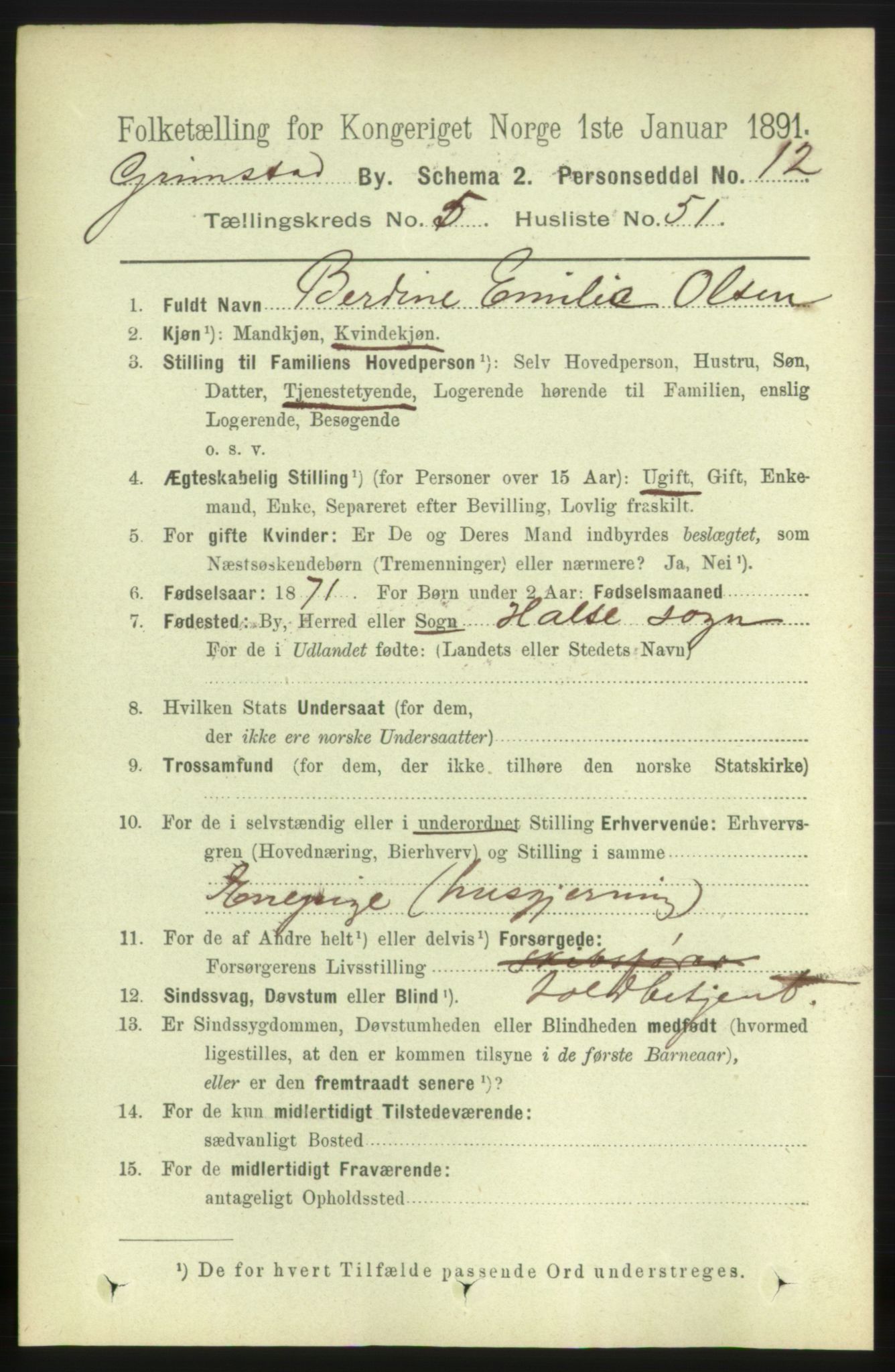 RA, 1891 census for 0904 Grimstad, 1891, p. 3453