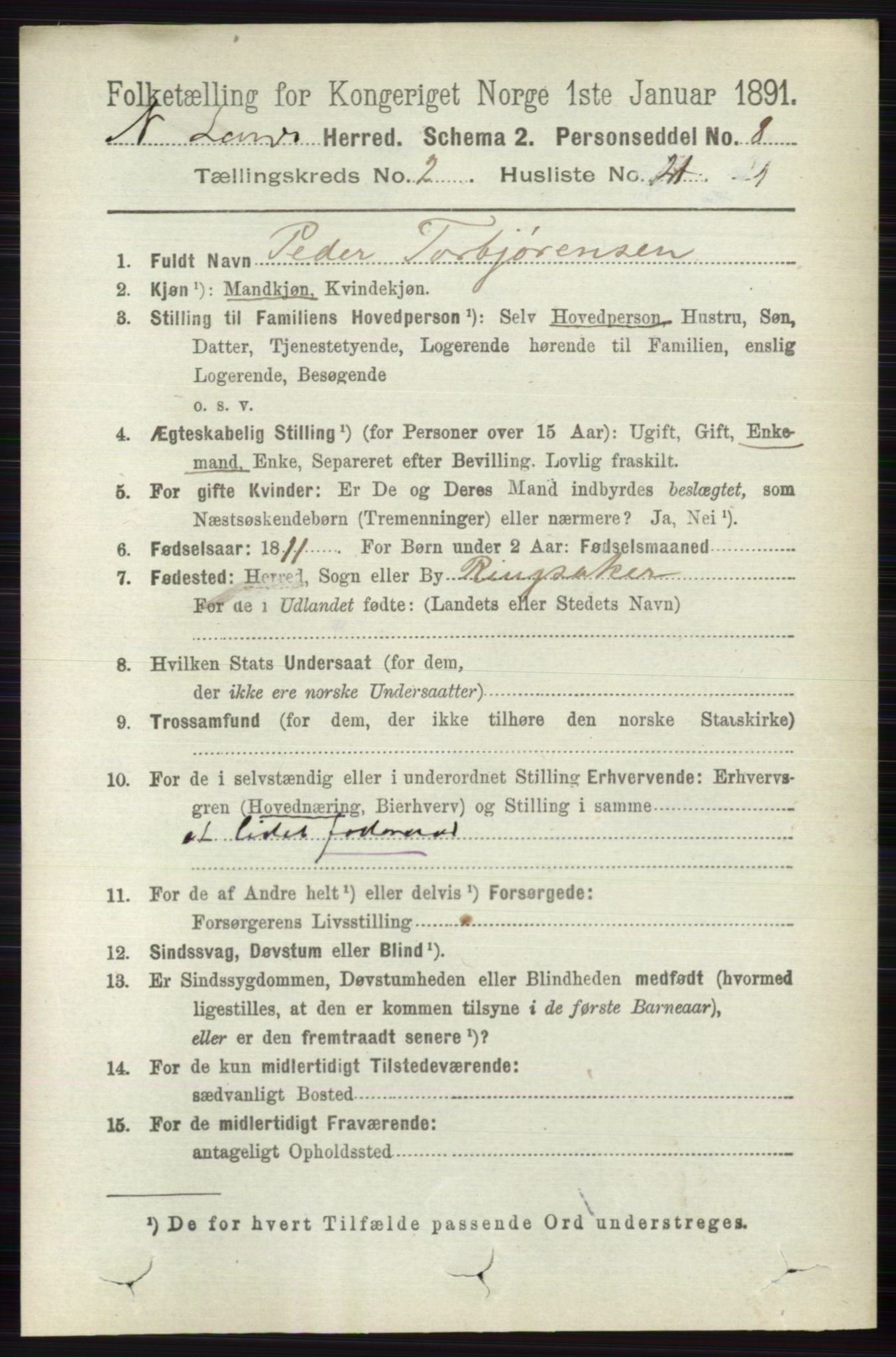 RA, 1891 census for 0538 Nordre Land, 1891, p. 708