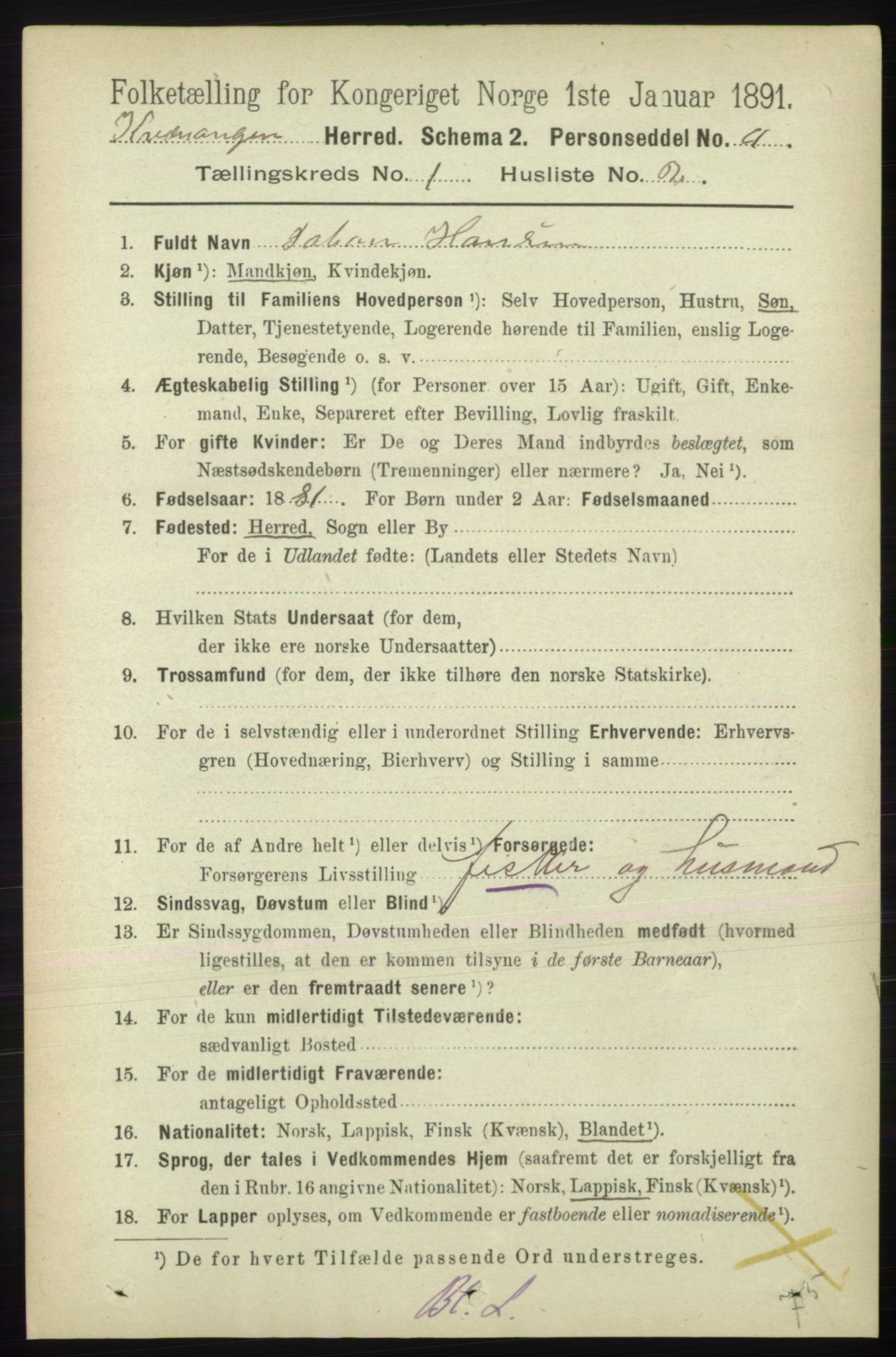 RA, 1891 census for 1943 Kvænangen, 1891, p. 68