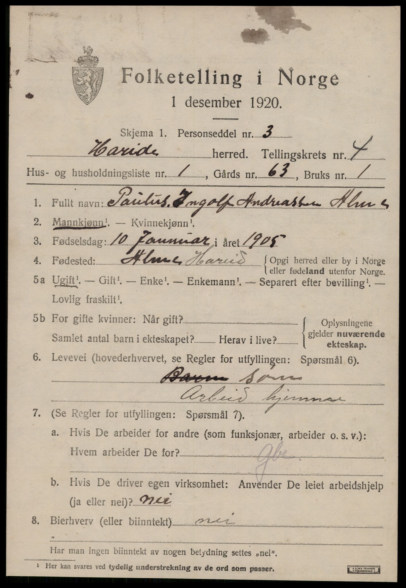 SAT, 1920 census for Hareid, 1920, p. 1691