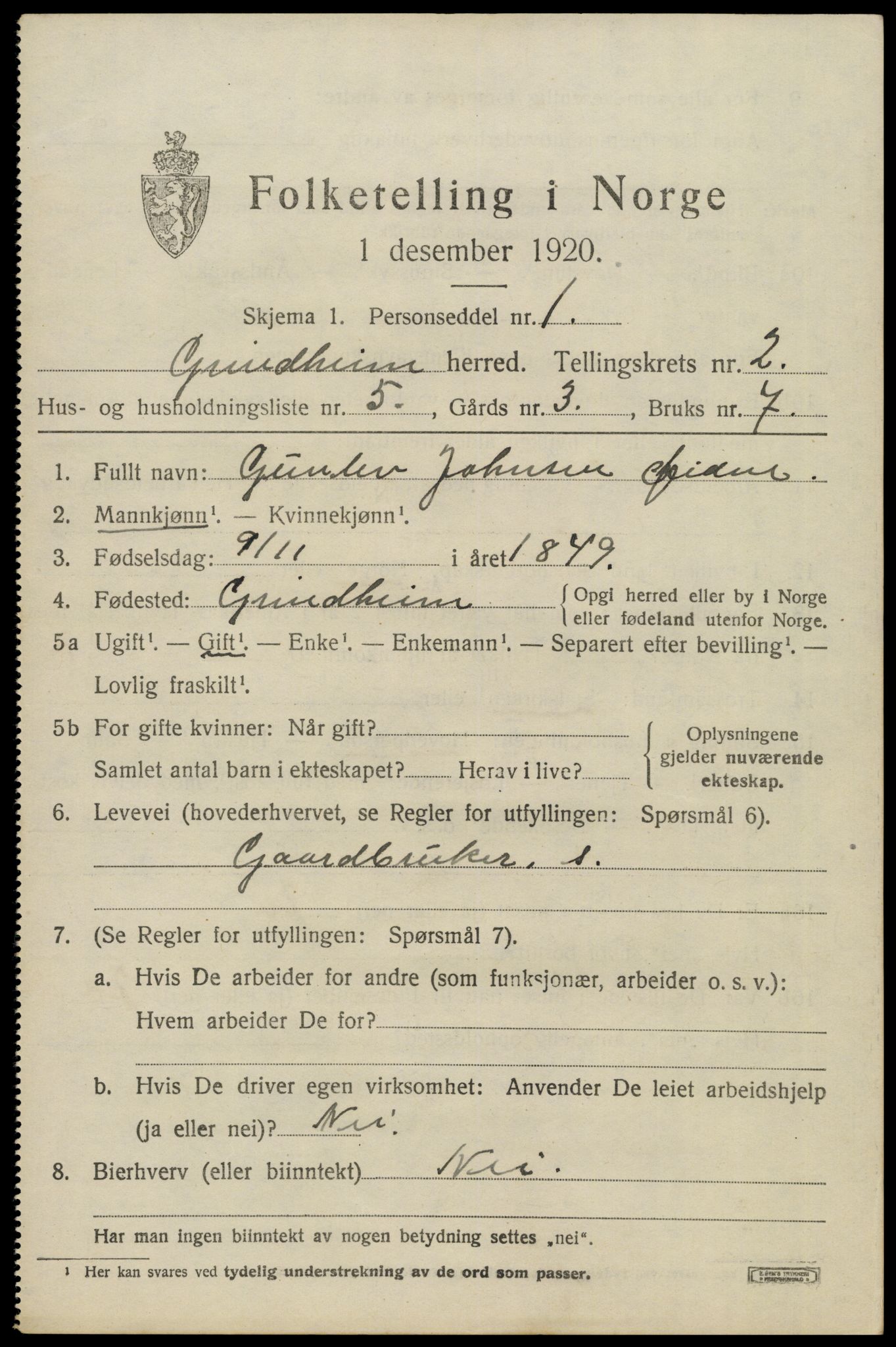 SAK, 1920 census for Grindheim, 1920, p. 593
